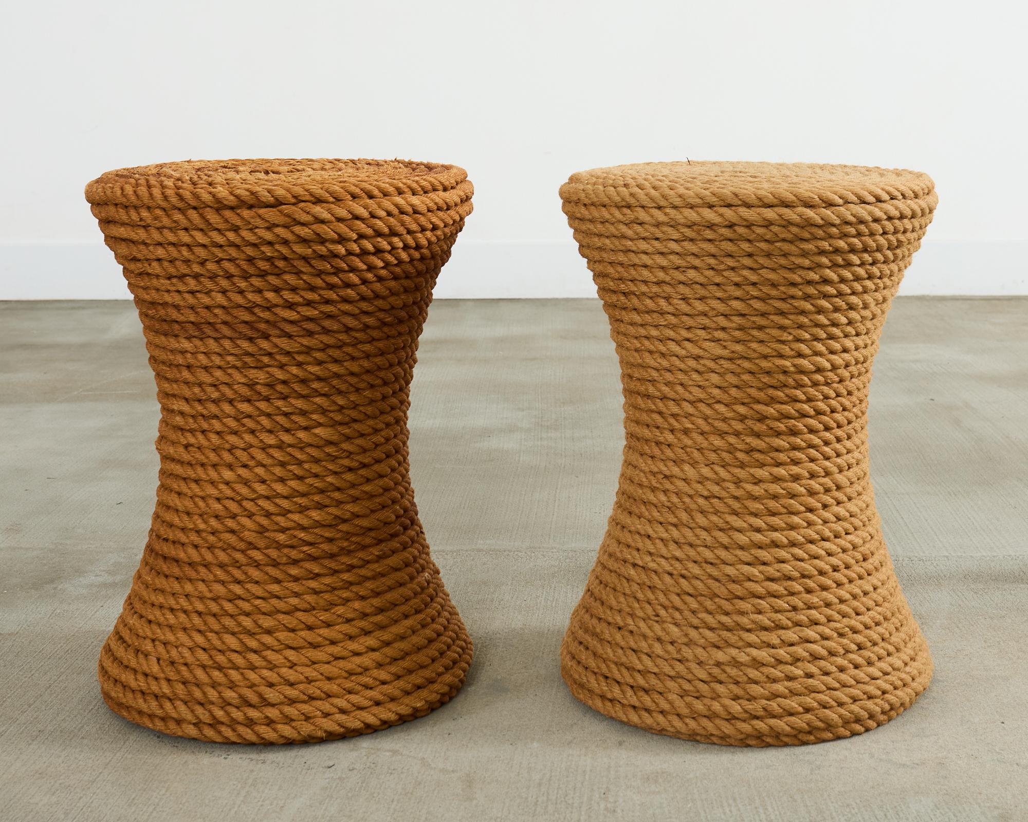 Mid-Century Modern Pair of Audoux-Minnet Style Rope Drink Table Stools For Sale