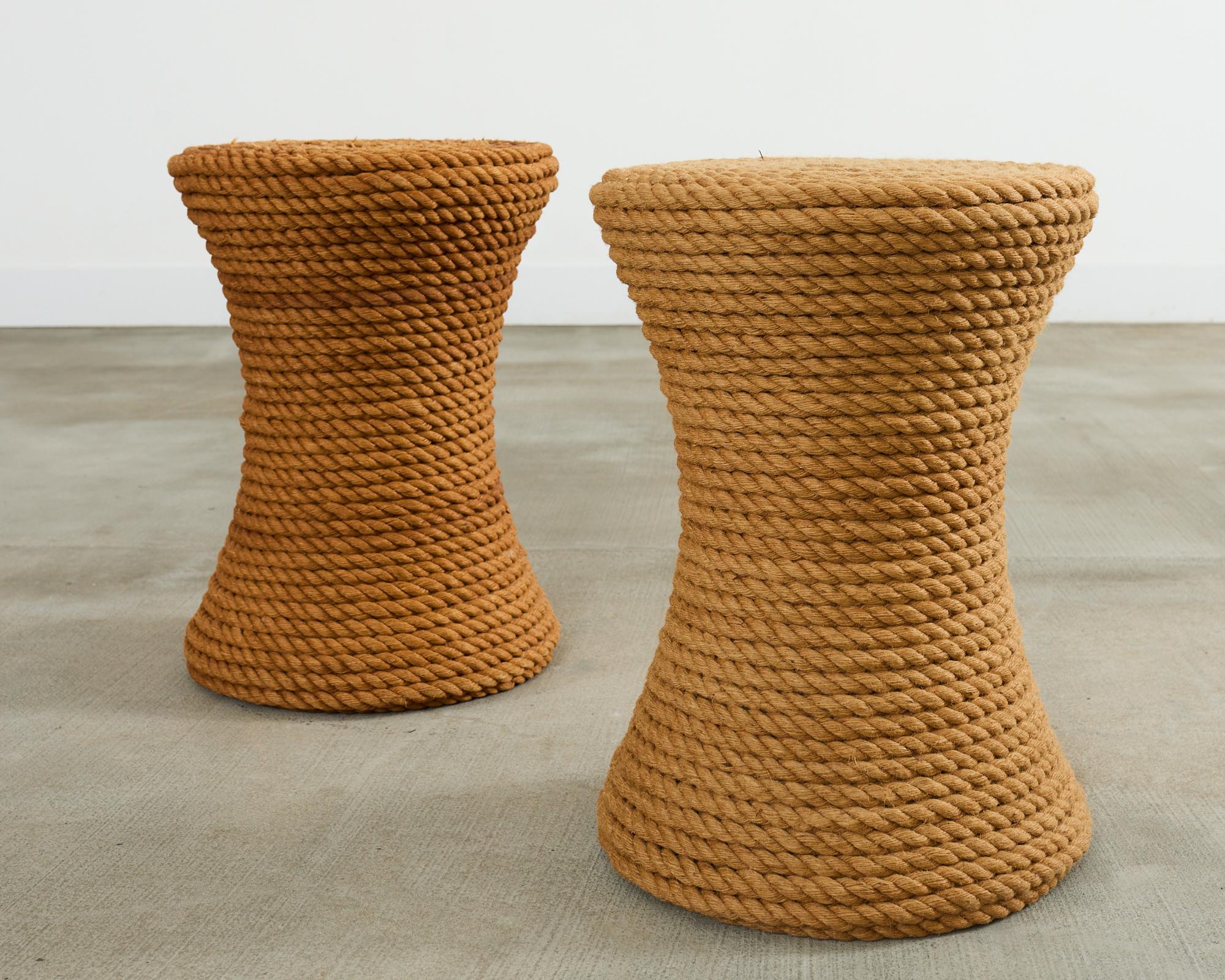 Hand-Crafted Pair of Audoux-Minnet Style Rope Drink Table Stools For Sale
