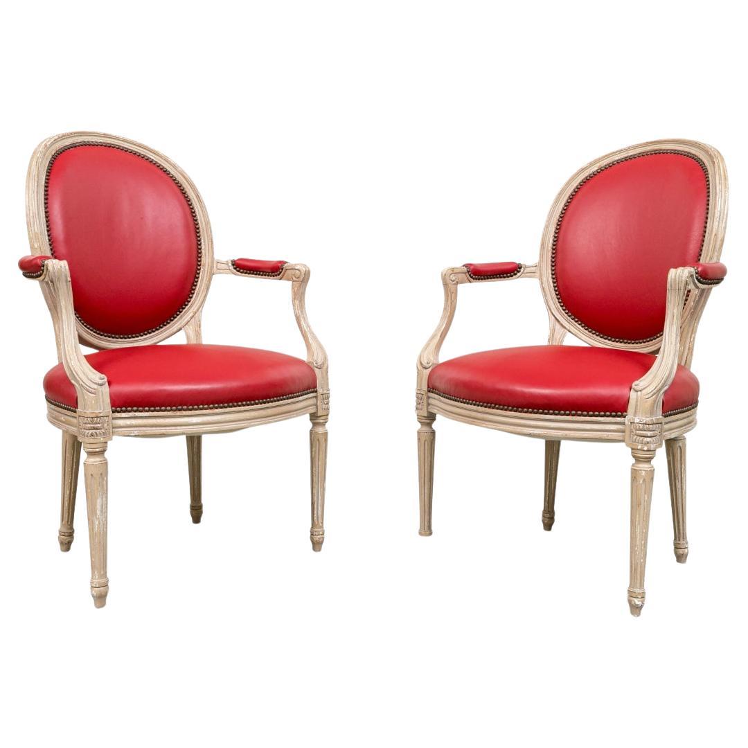 Pair Of Auffray Red Faux Leather Fauteuils For Sale