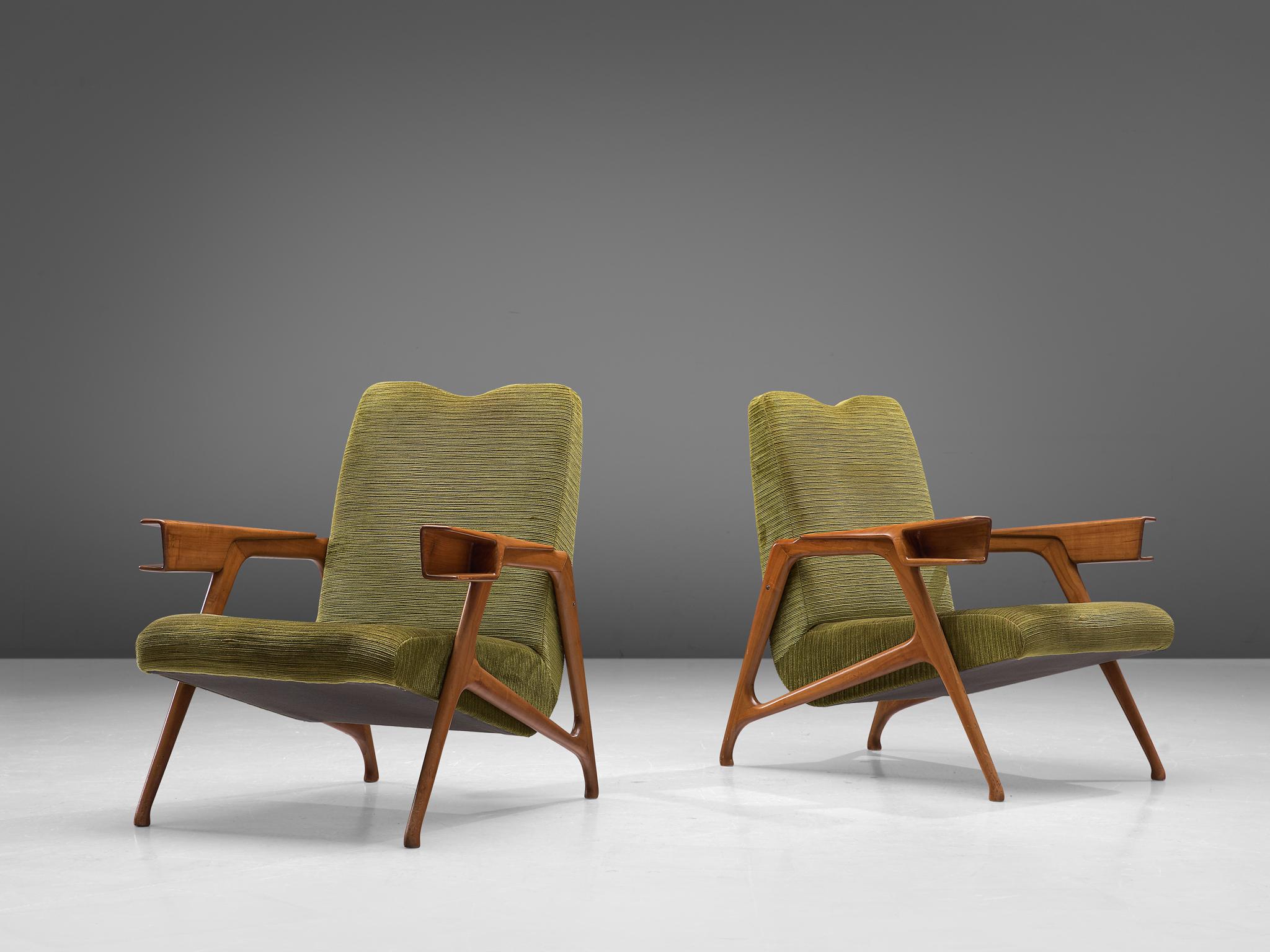 Italian Pair of Augusto Romano Armchairs in Moss Green Upholstery