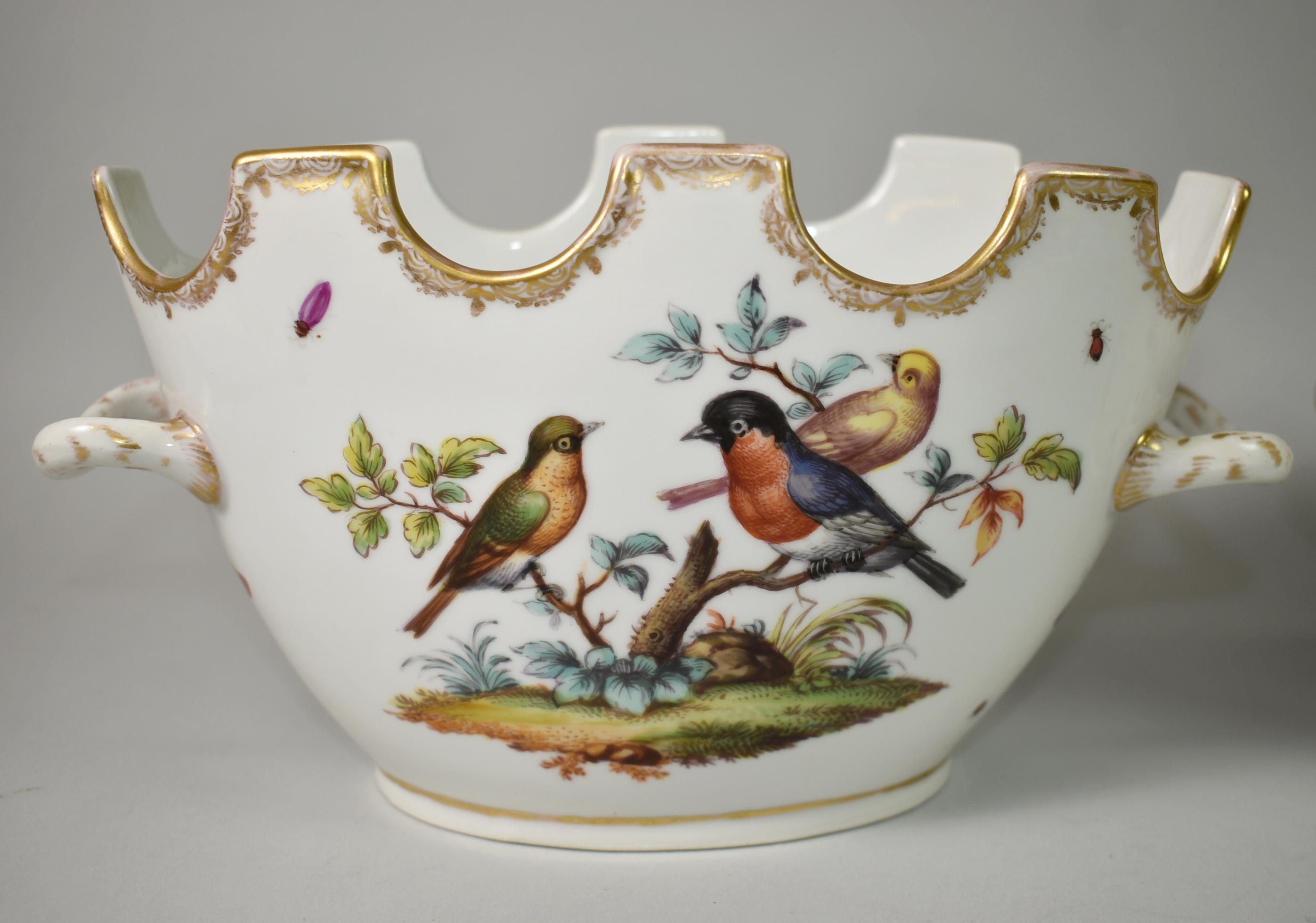 This pair of Augustus Rex cachepots have a different hand painted scene on each side. This pair is in the Rothschild bird pattern with birds, butterflies and insects. These cachepots have a gold painted rim at the top, the gold paint does have some