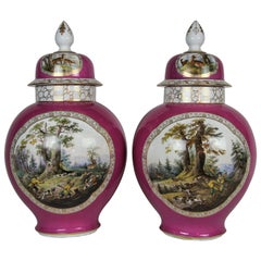 Antique Pair of Augustus Rex Meissen Porcelain Pink Ground Hunting Scene Covered Vases