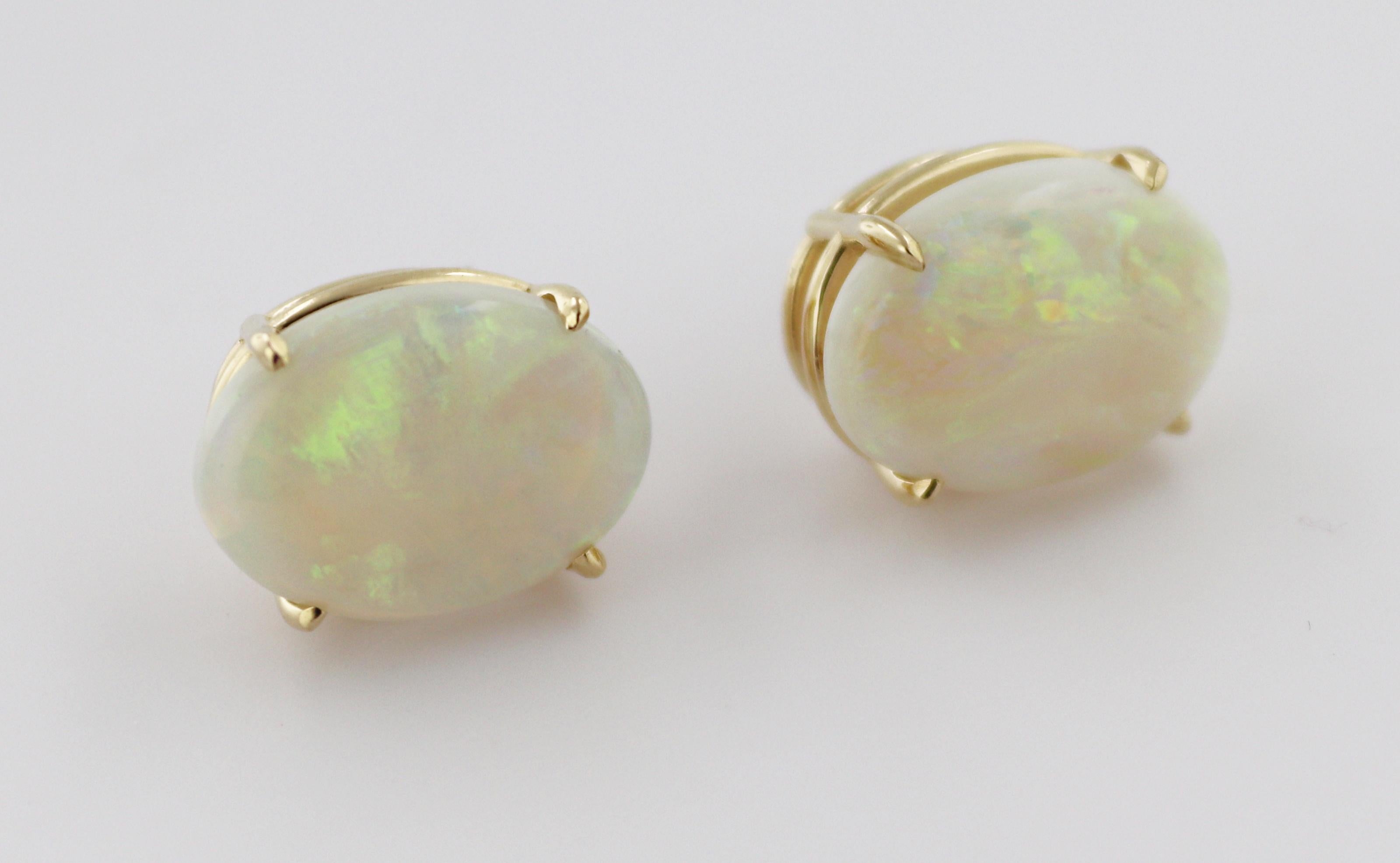 Artisan Pair of Australian Opal, 14K Yellow Gold Earrings For Sale