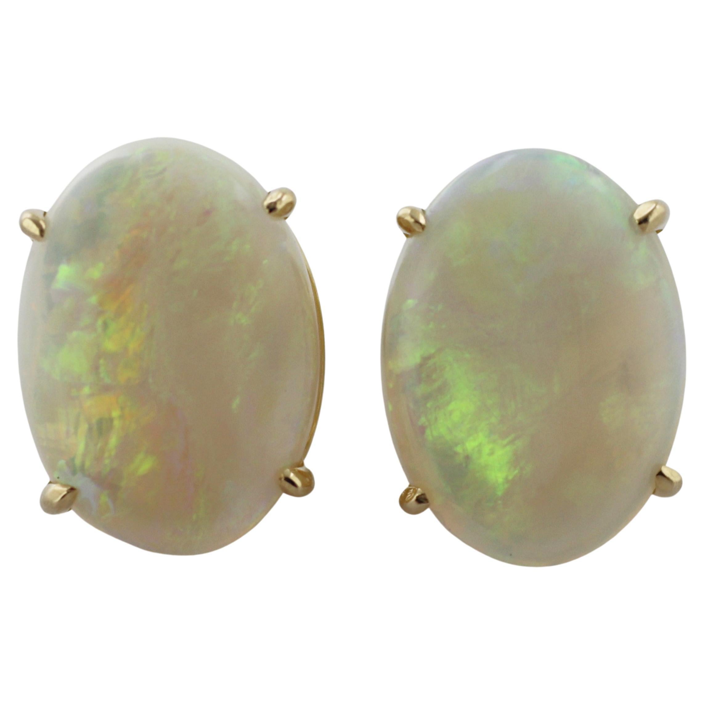 Pair of Australian Opal, 14K Yellow Gold Earrings For Sale