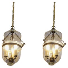 Pair of Austria Blown Glass & Bronze Hanging Bell Jar Hall Lanterns R. Wien 1850