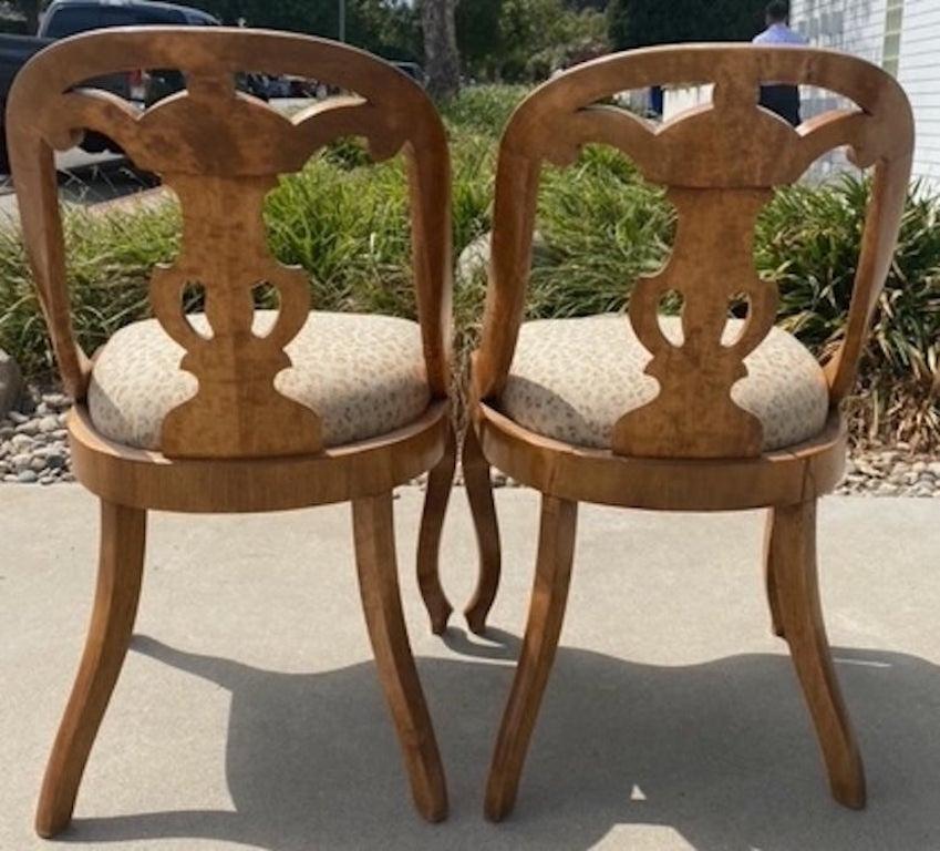 Very good example of 2 1840s French walnut Biedermeier side chairs with fabric seat cushions