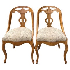 Antique Pair of Austrian 1840s Biedermeier Side-Chairs with Fabric Covered Seats