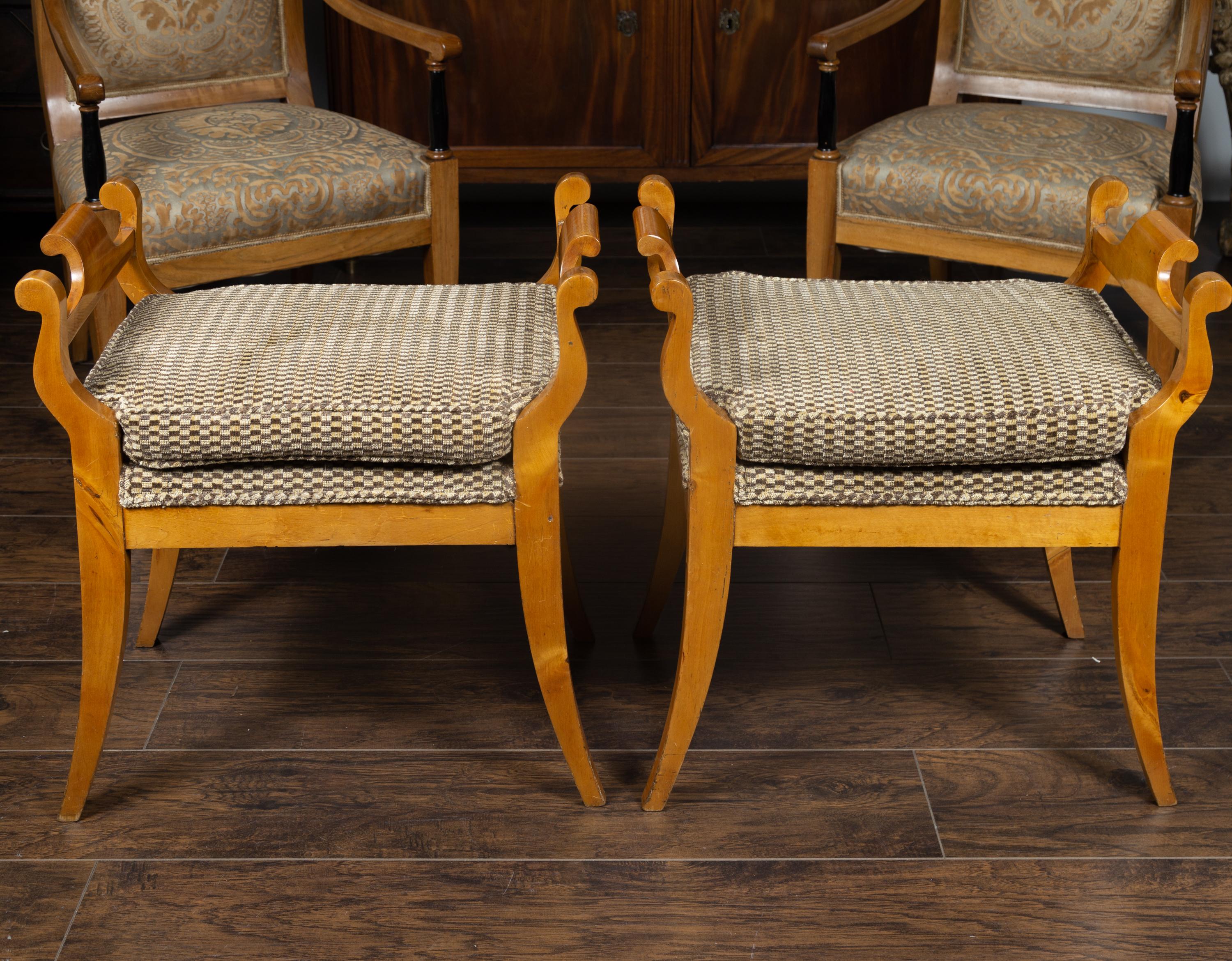 Pair of Austrian 1880s Biedermeier Style Upholstered Benches with Scrolled Arms 6