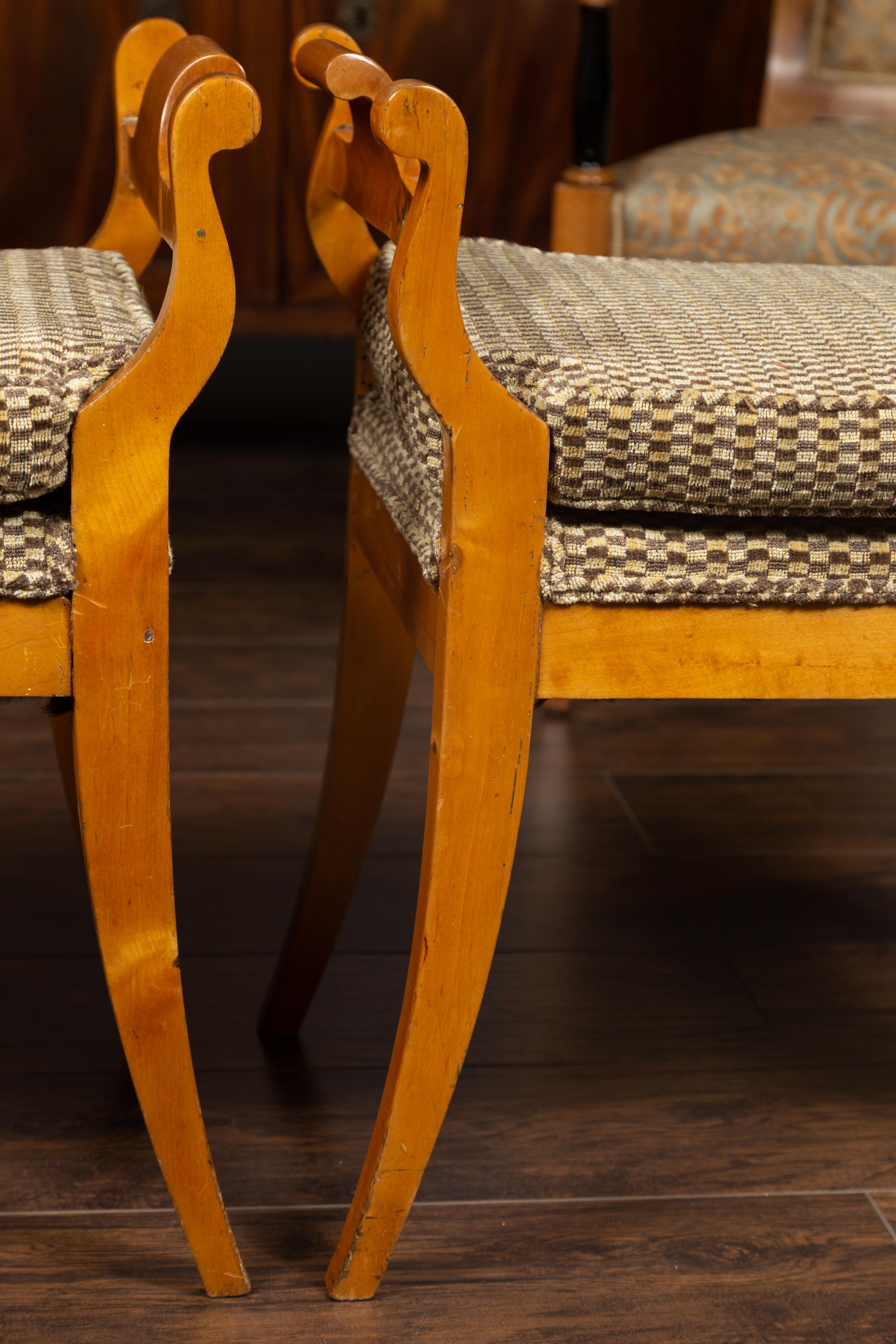 Pair of Austrian 1880s Biedermeier Style Upholstered Benches with Scrolled Arms 7