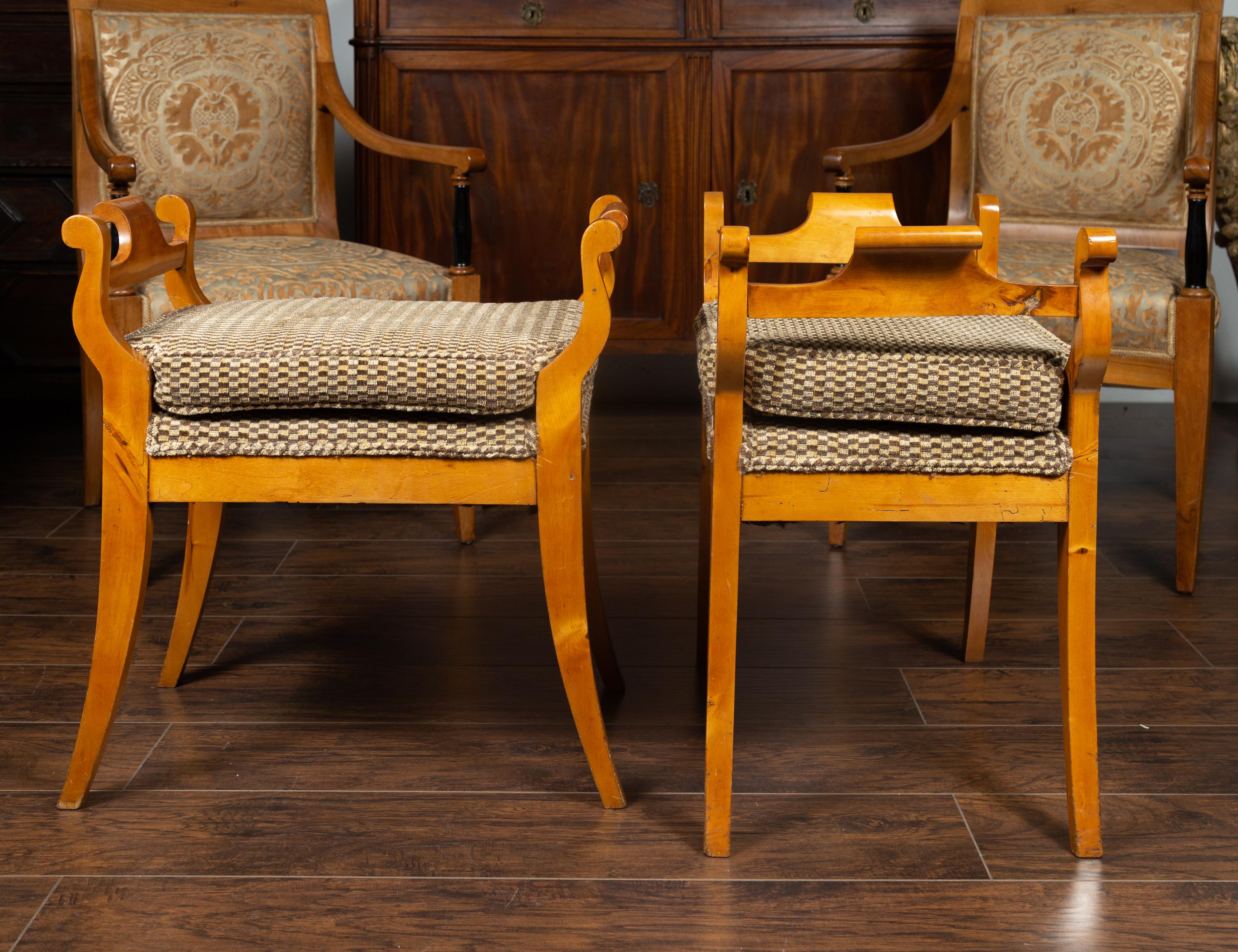 Pair of Austrian 1880s Biedermeier Style Upholstered Benches with Scrolled Arms 10