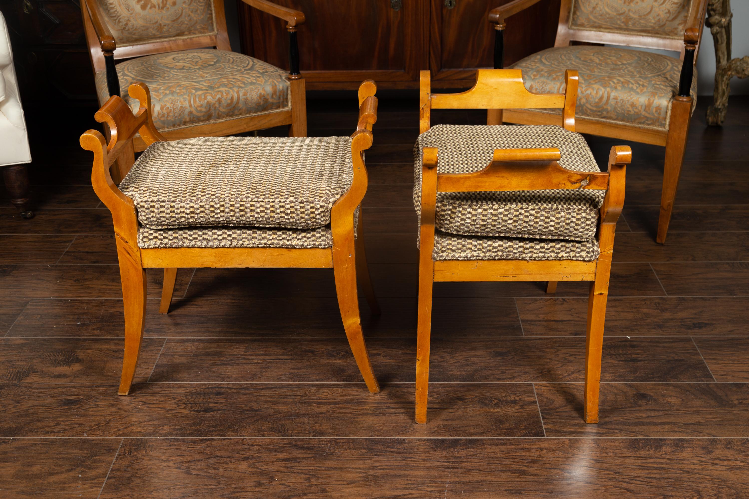 Pair of Austrian 1880s Biedermeier Style Upholstered Benches with Scrolled Arms 11