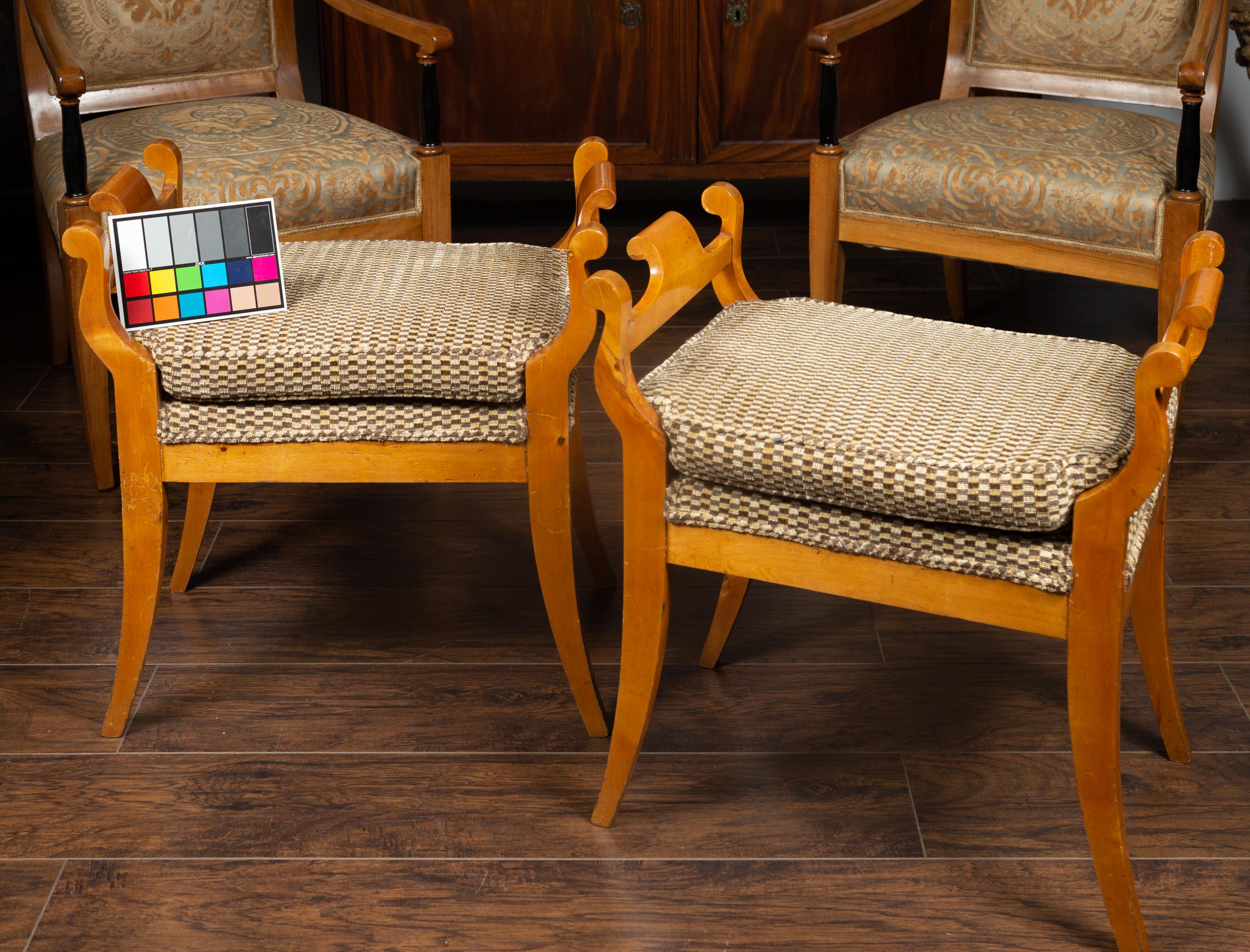 Pair of Austrian 1880s Biedermeier Style Upholstered Benches with Scrolled Arms 12