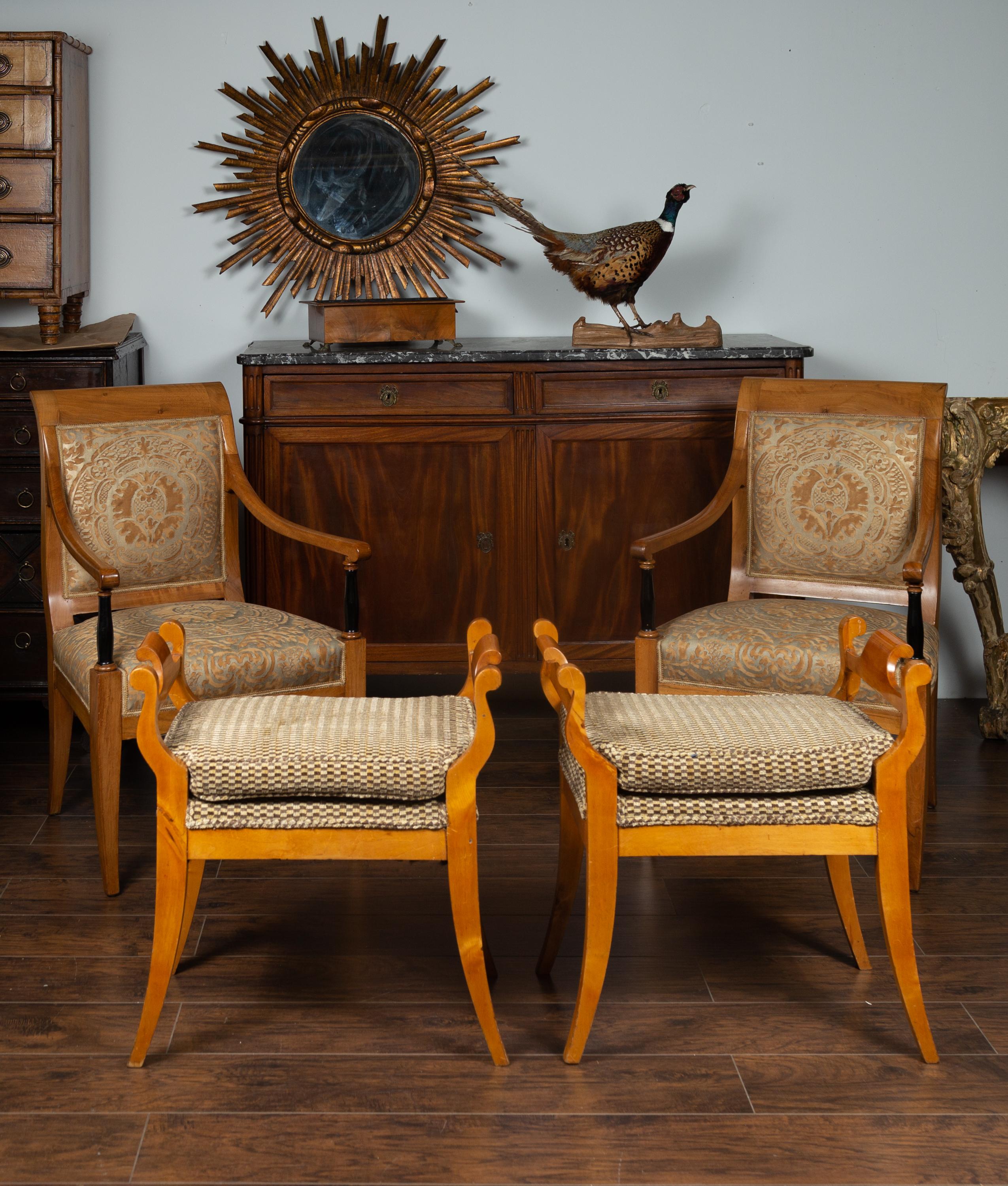 Veneer Pair of Austrian 1880s Biedermeier Style Upholstered Benches with Scrolled Arms