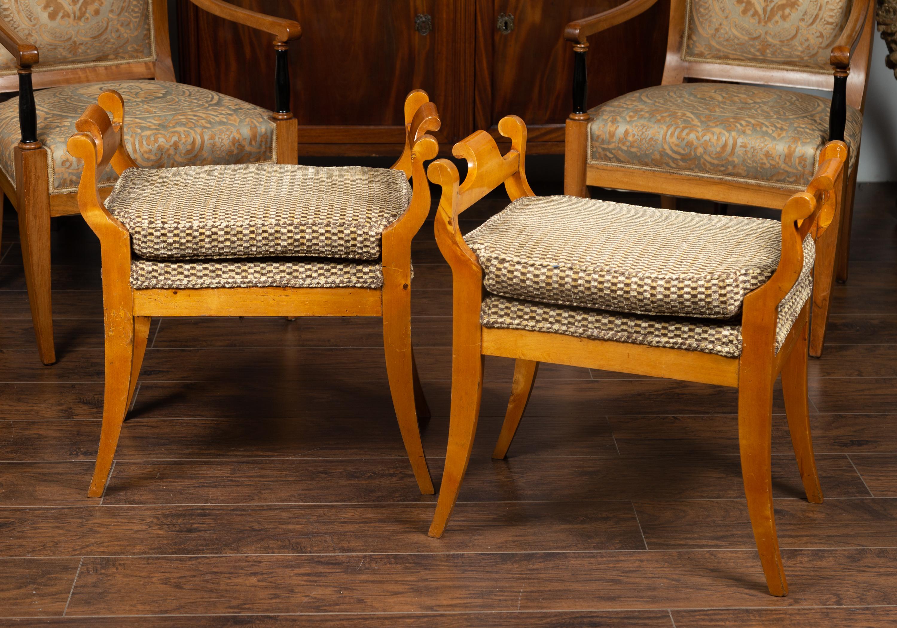 Pair of Austrian 1880s Biedermeier Style Upholstered Benches with Scrolled Arms In Good Condition In Atlanta, GA