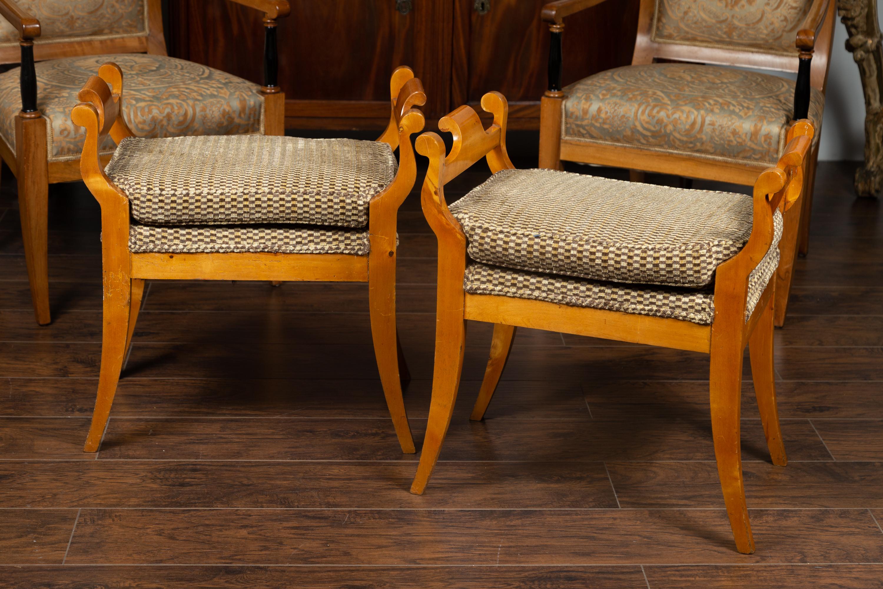 19th Century Pair of Austrian 1880s Biedermeier Style Upholstered Benches with Scrolled Arms