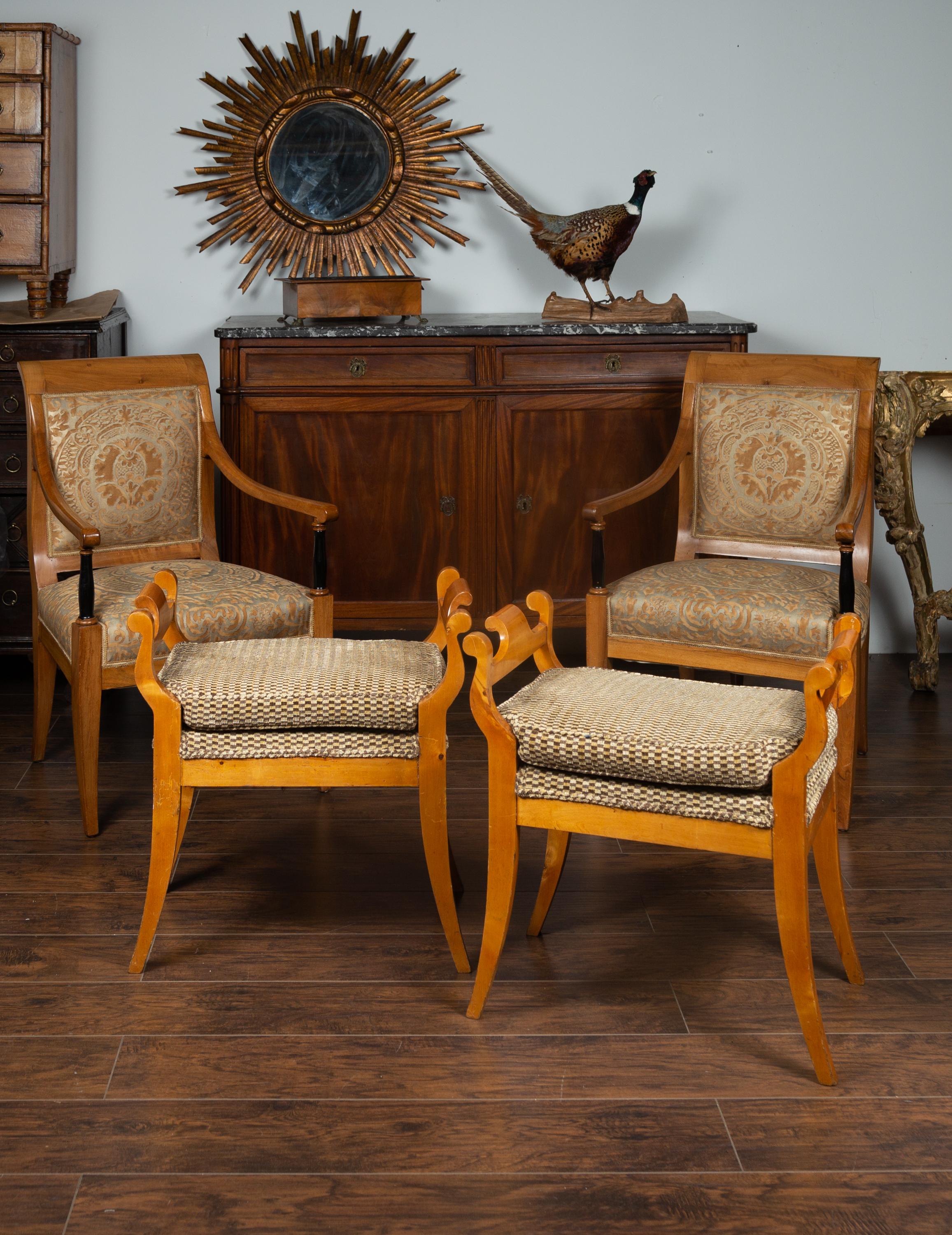Wood Pair of Austrian 1880s Biedermeier Style Upholstered Benches with Scrolled Arms
