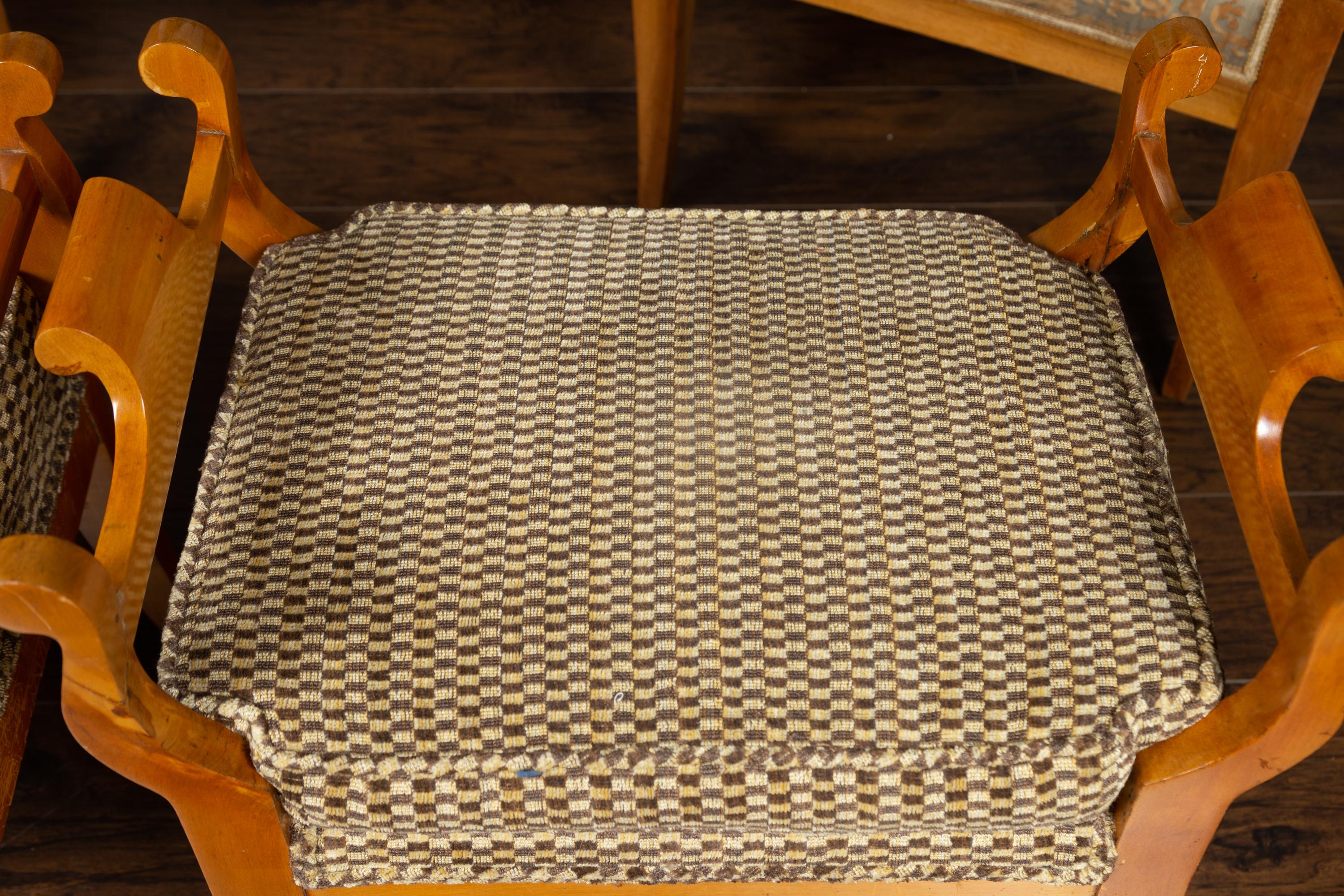 Pair of Austrian 1880s Biedermeier Style Upholstered Benches with Scrolled Arms 2