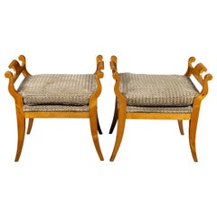 Pair of Austrian 1880s Biedermeier Style Upholstered Benches with Scrolled Arms