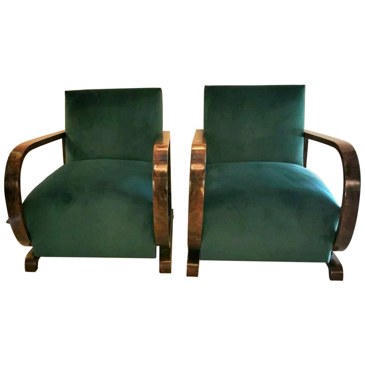 20th Century Pair  Austrian Art Deco Walnut Armchairs 