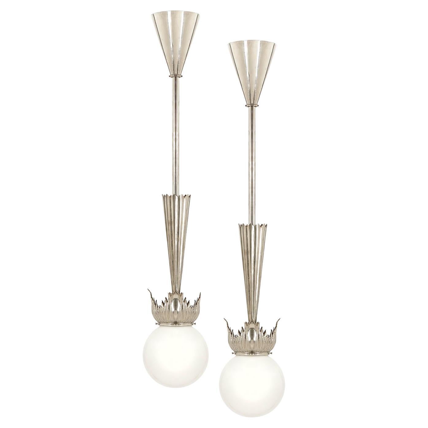 Pair of Austrian Art Deco Nickel Pendant Lamps by School of Dagobert Peche For Sale