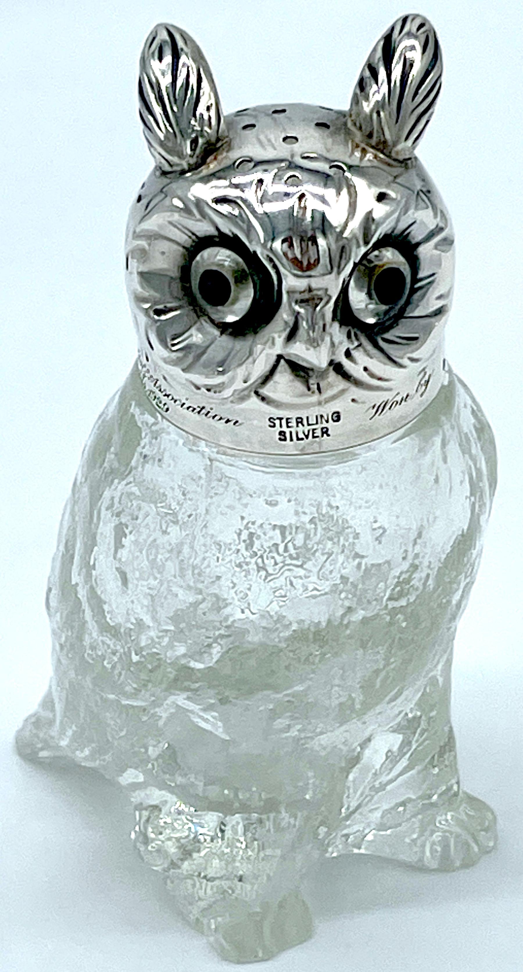 Pair of  Austrian Art Deco 'Rock Crystal' & Sterling Owl Salt & Pepper Shakers  For Sale 3