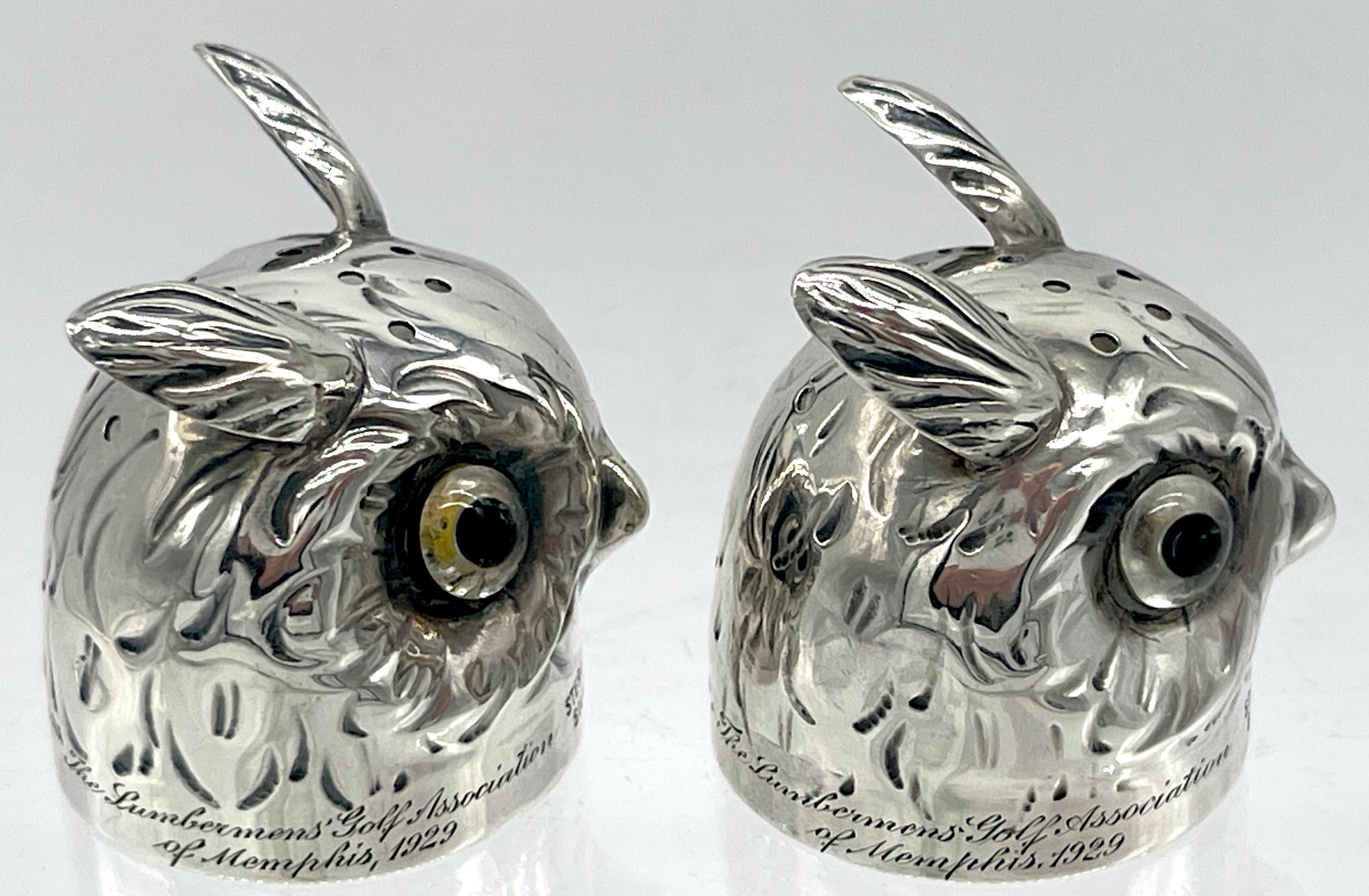Pair of  Austrian Art Deco 'Rock Crystal' & Sterling Owl Salt & Pepper Shakers  For Sale 4