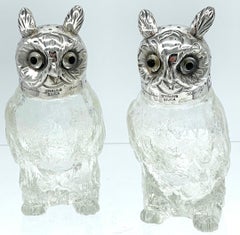 Pair of  Austrian Art Deco 'Rock Crystal' & Sterling Owl Salt & Pepper Shakers