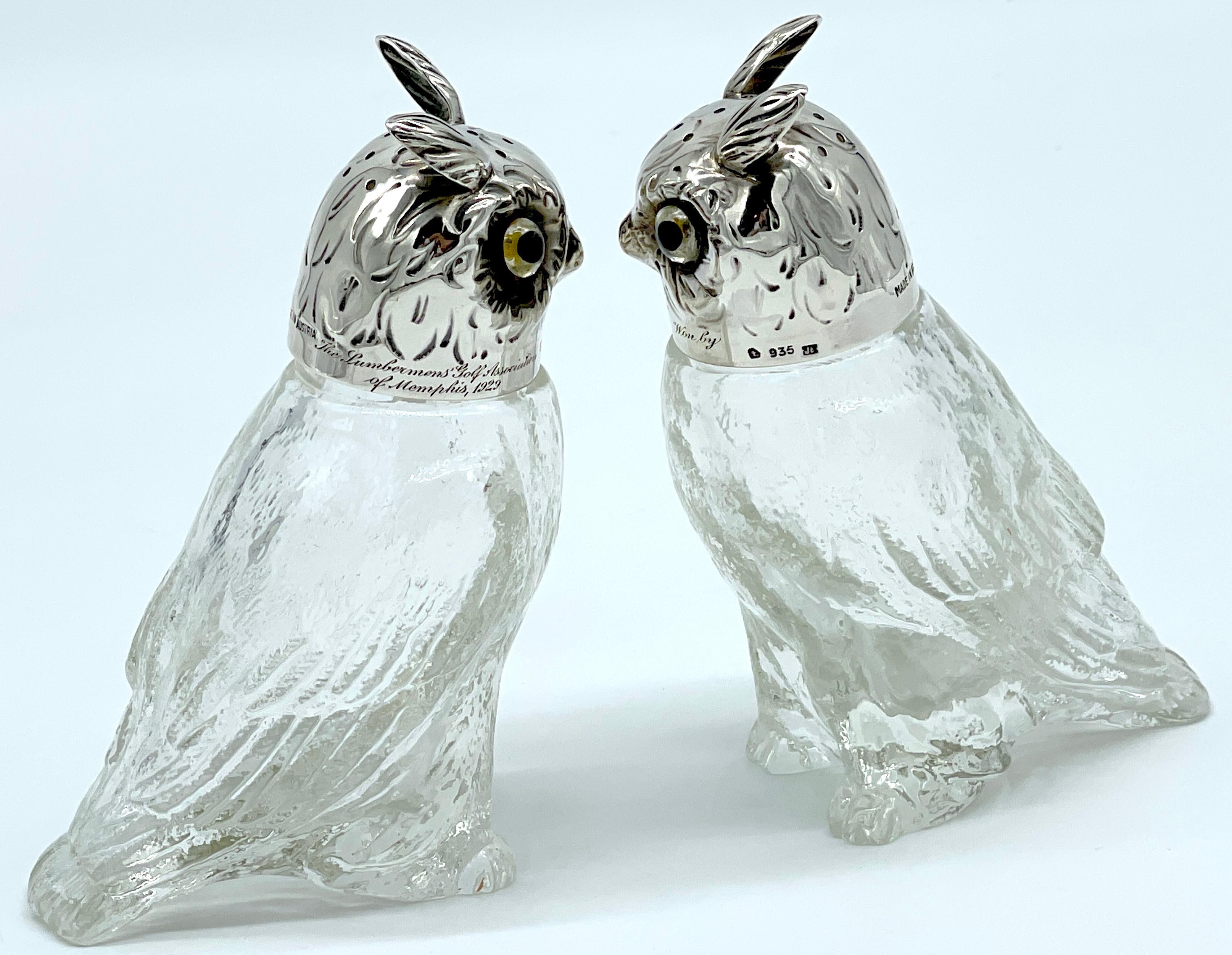 20th Century Pair of  Austrian Art Deco 'Rock Crystal' & Sterling Owl Salt & Pepper Shakers For Sale