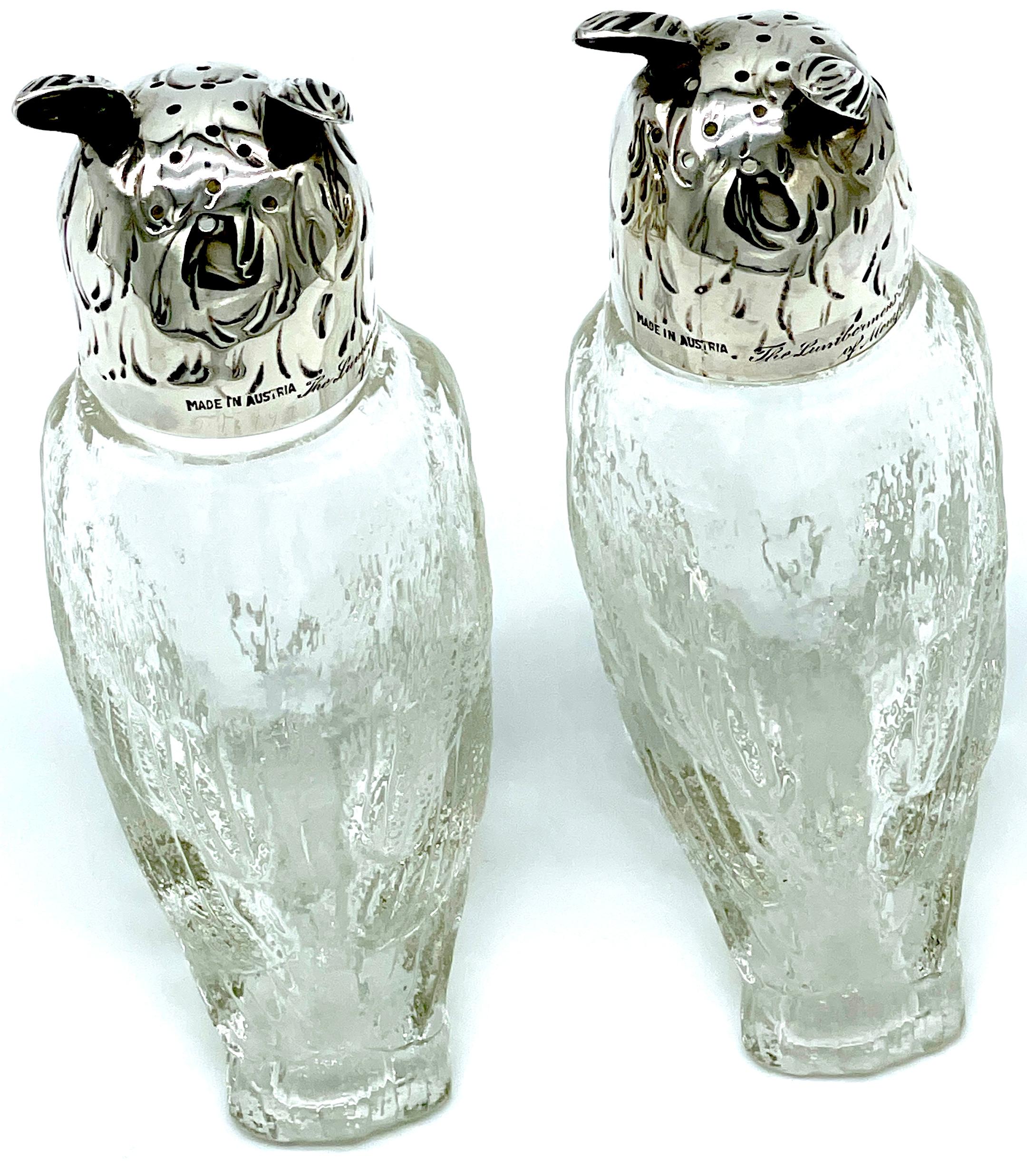 Sterling Silver Pair of  Austrian Art Deco 'Rock Crystal' & Sterling Owl Salt & Pepper Shakers For Sale