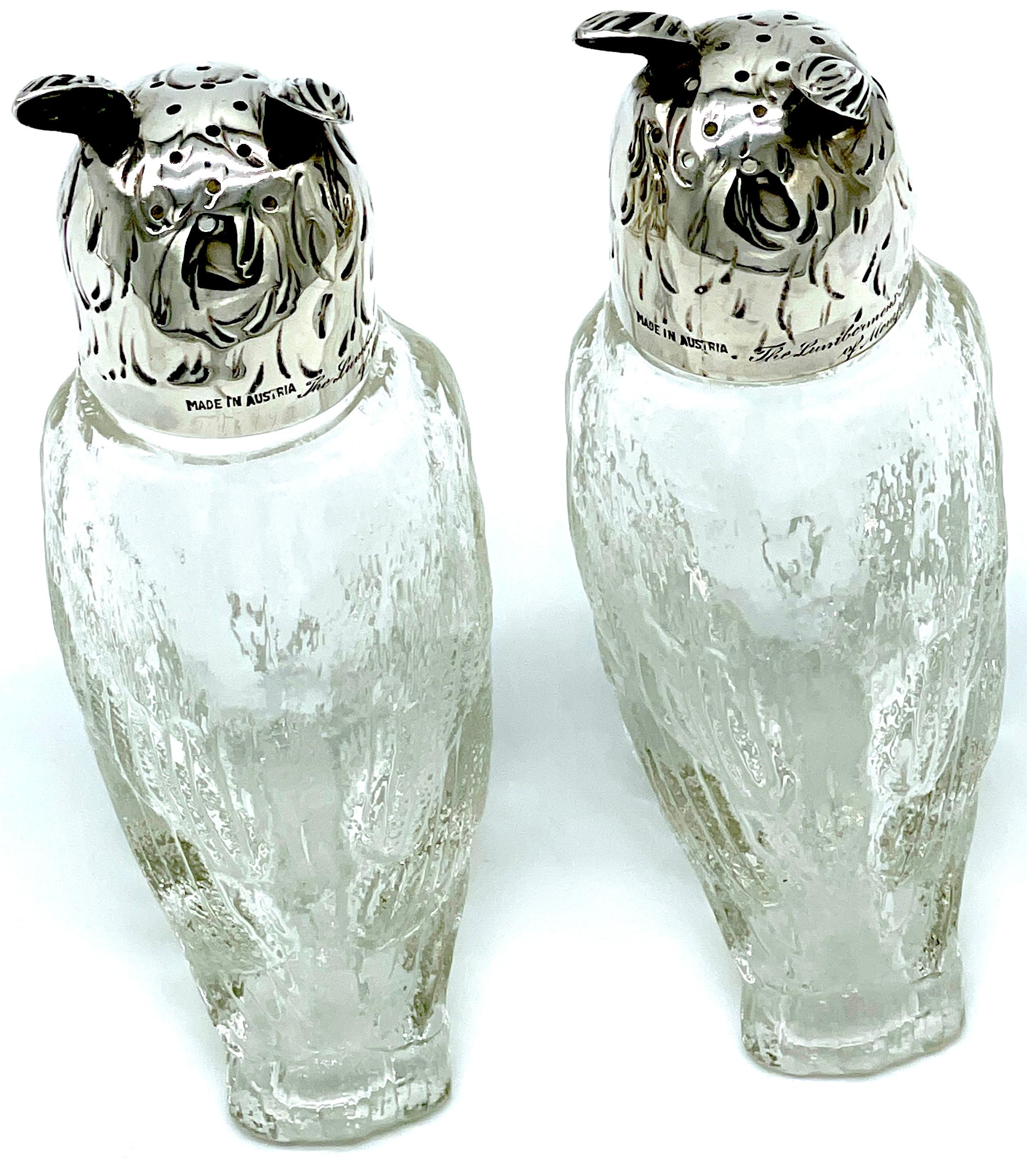 Pair of  Austrian Art Deco 'Rock Crystal' & Sterling Owl Salt & Pepper Shakers  In Good Condition For Sale In West Palm Beach, FL