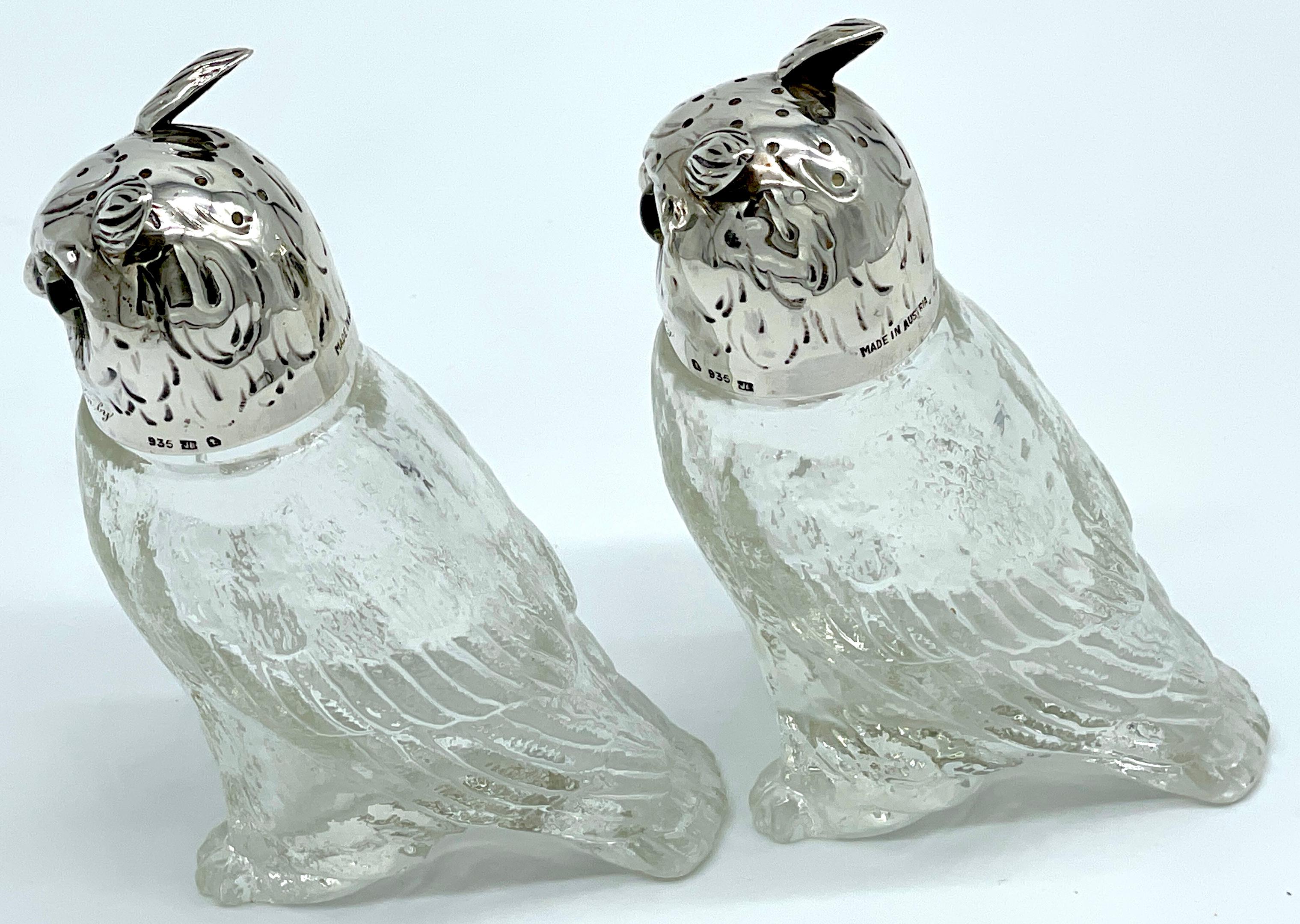 20th Century Pair of  Austrian Art Deco 'Rock Crystal' & Sterling Owl Salt & Pepper Shakers  For Sale