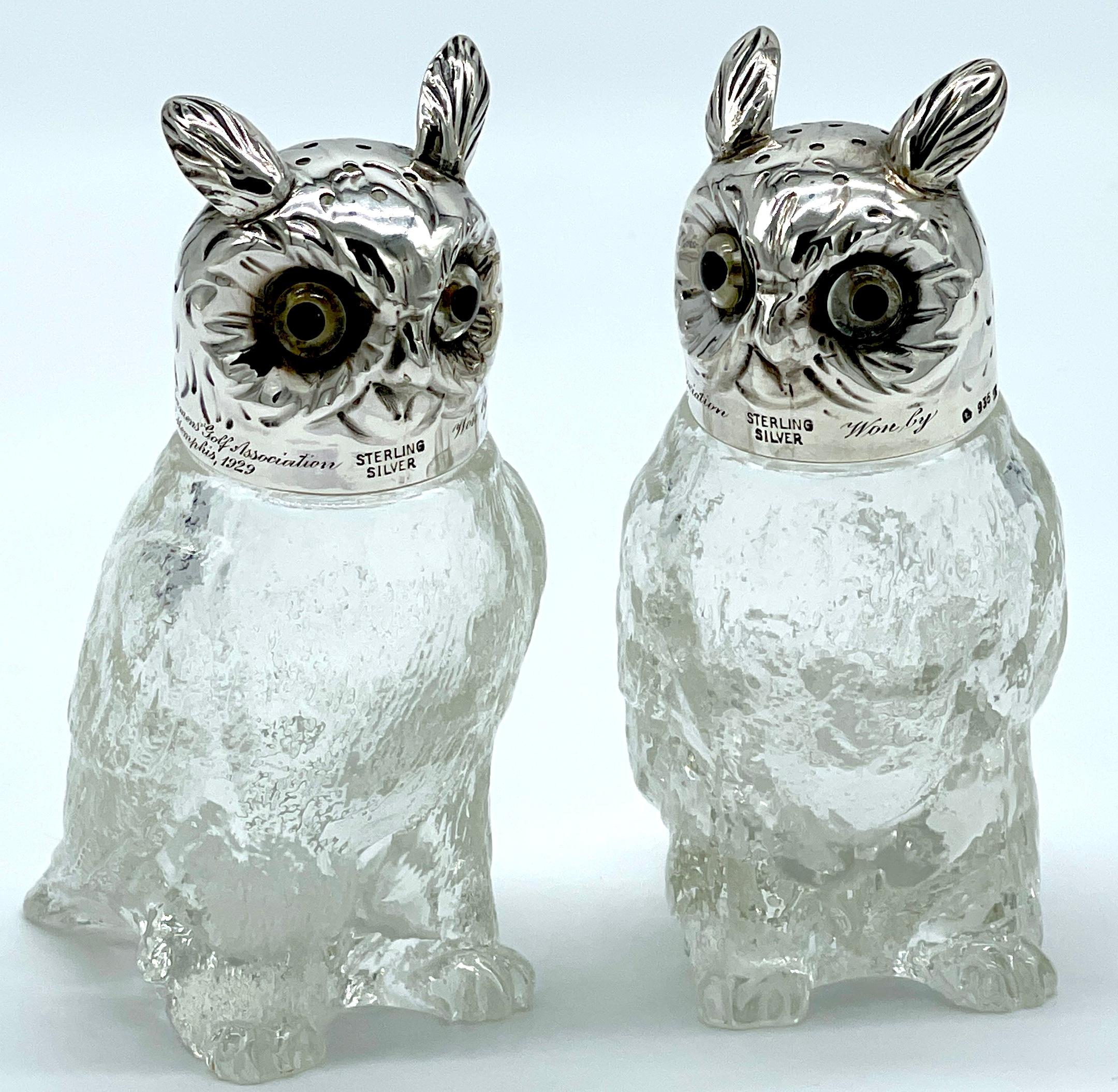 Pair of  Austrian Art Deco 'Rock Crystal' & Sterling Owl Salt & Pepper Shakers  For Sale 2