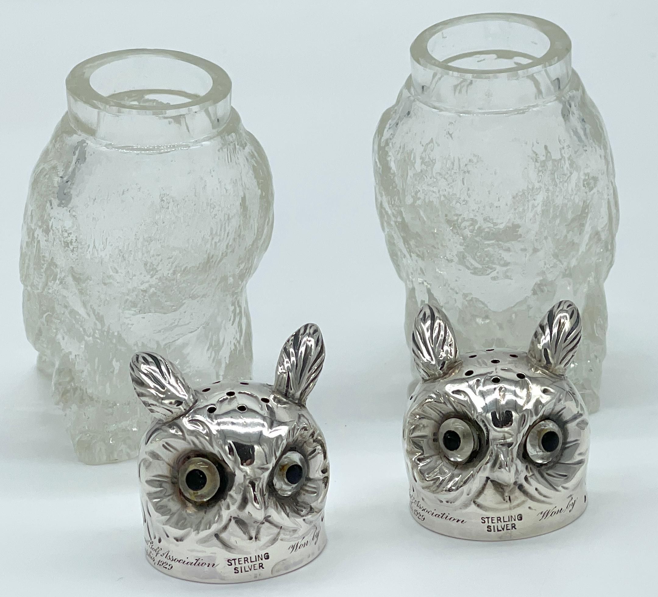 Pair of  Austrian Art Deco 'Rock Crystal' & Sterling Owl Salt & Pepper Shakers For Sale 3