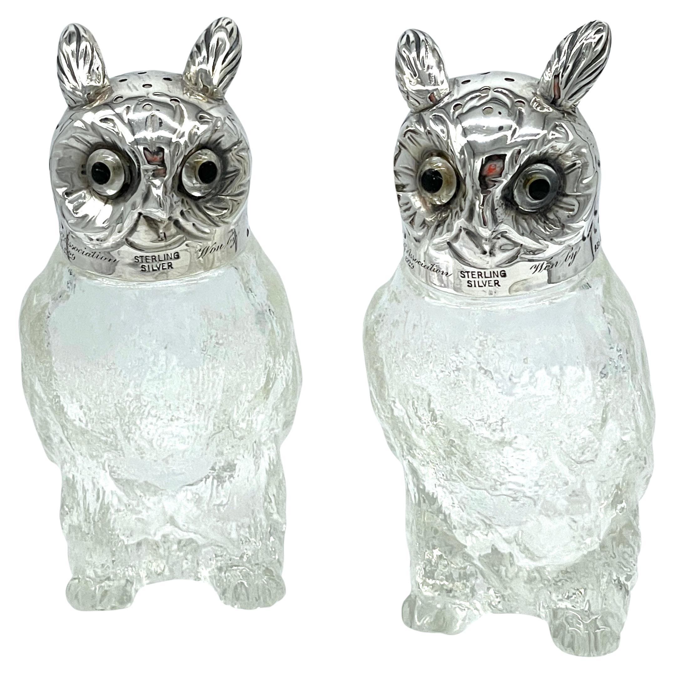 Pair of  Austrian Art Deco 'Rock Crystal' & Sterling Owl Salt & Pepper Shakers For Sale