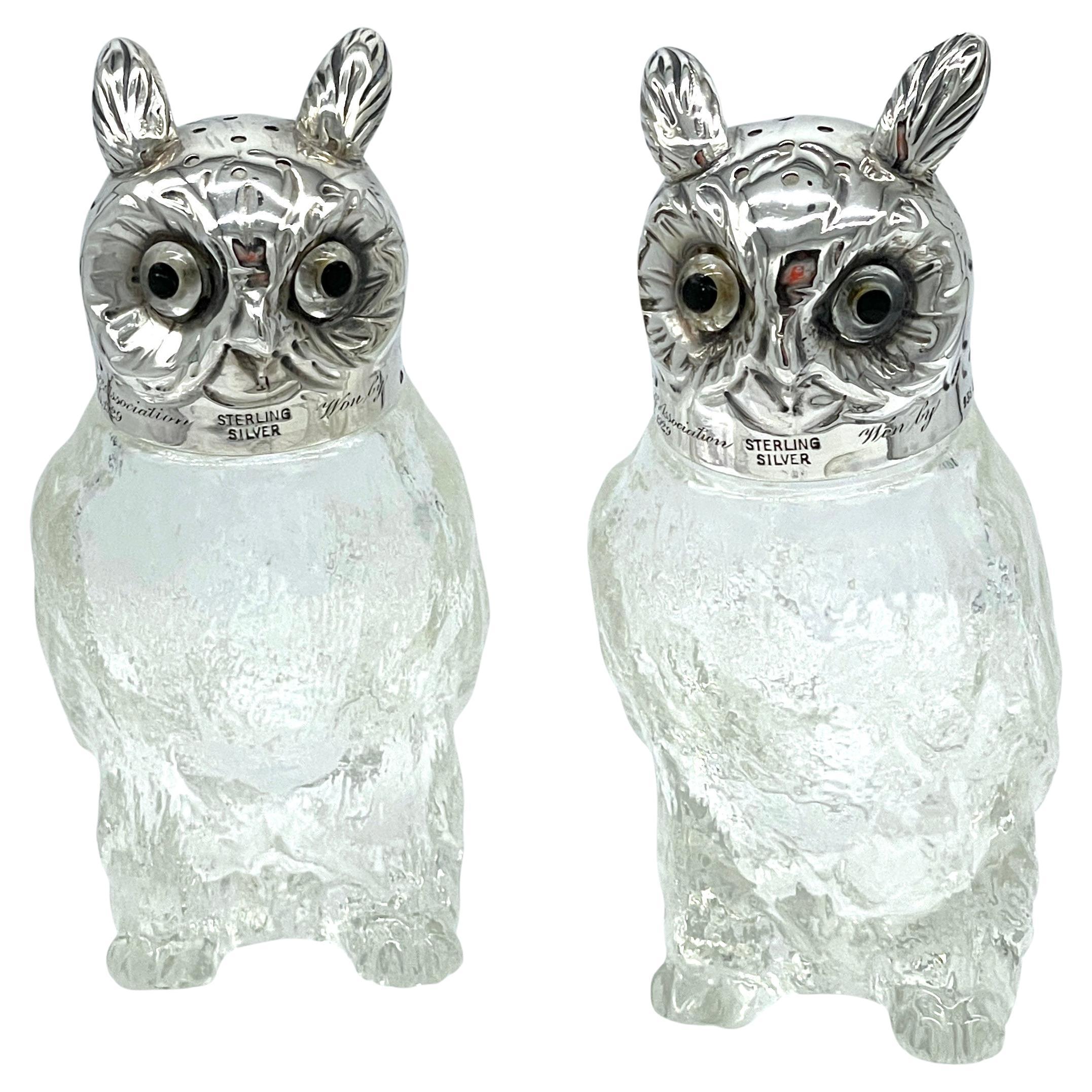 Pair of  Austrian Art Deco 'Rock Crystal' & Sterling Owl Salt & Pepper Shakers  For Sale