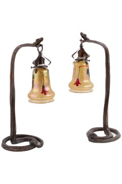 A Pair of Austrian Art Nouveau Snake Table Lamps Decorated with Loetz  Shades