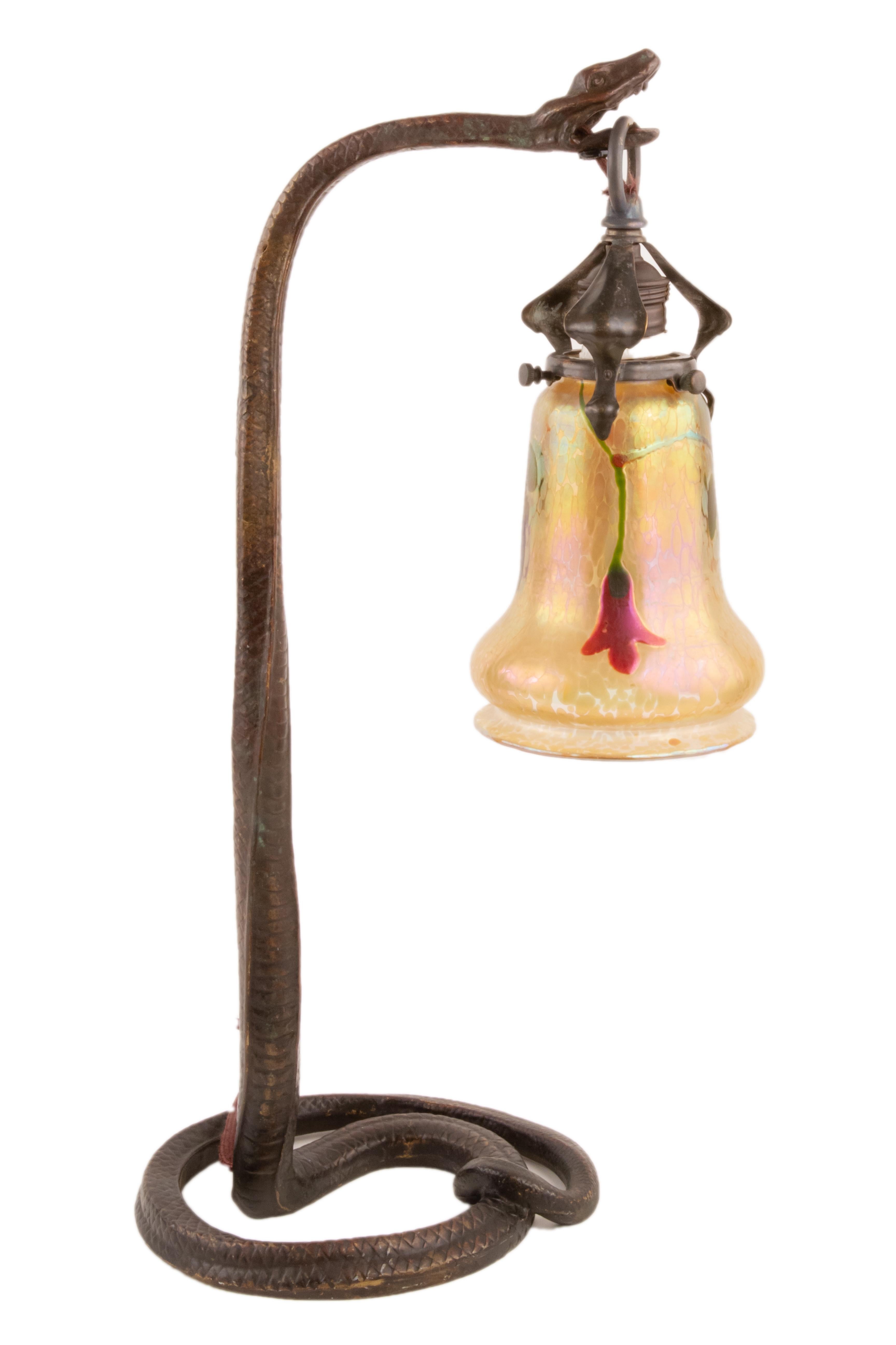 A Pair of Austrian Art Nouveau Snake Table Lamps Decorated with Loetz  Shades In Good Condition In Englewood, NJ
