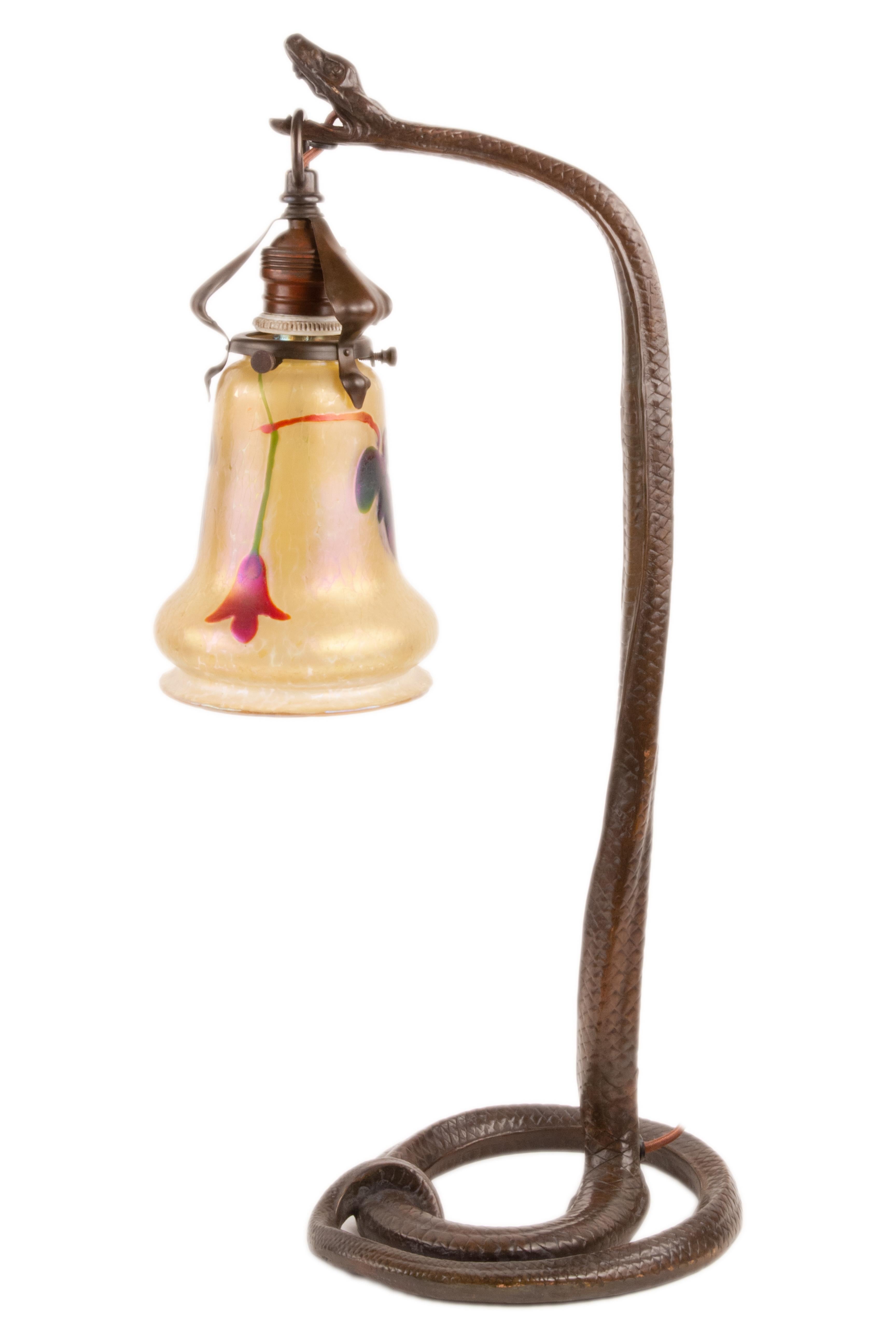 20th Century A Pair of Austrian Art Nouveau Snake Table Lamps Decorated with Loetz  Shades