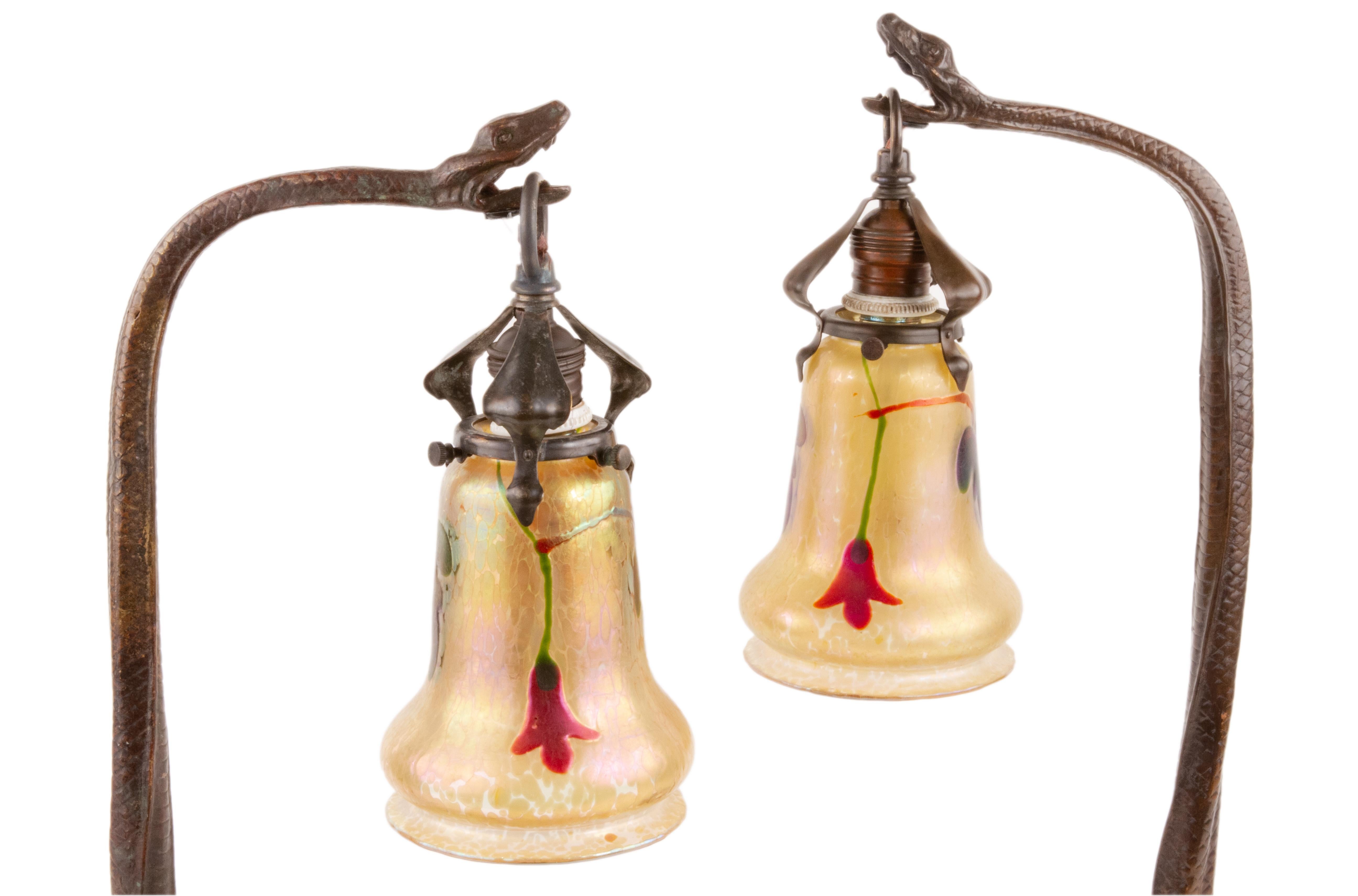 Bronze A Pair of Austrian Art Nouveau Snake Table Lamps Decorated with Loetz  Shades