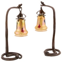 A Pair of Austrian Art Nouveau Snake Table Lamps Decorated with Loetz  Shades