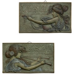 Pair of Austrian Art Nouveau Terracotta Wall Plaques, Signed, circa 1900