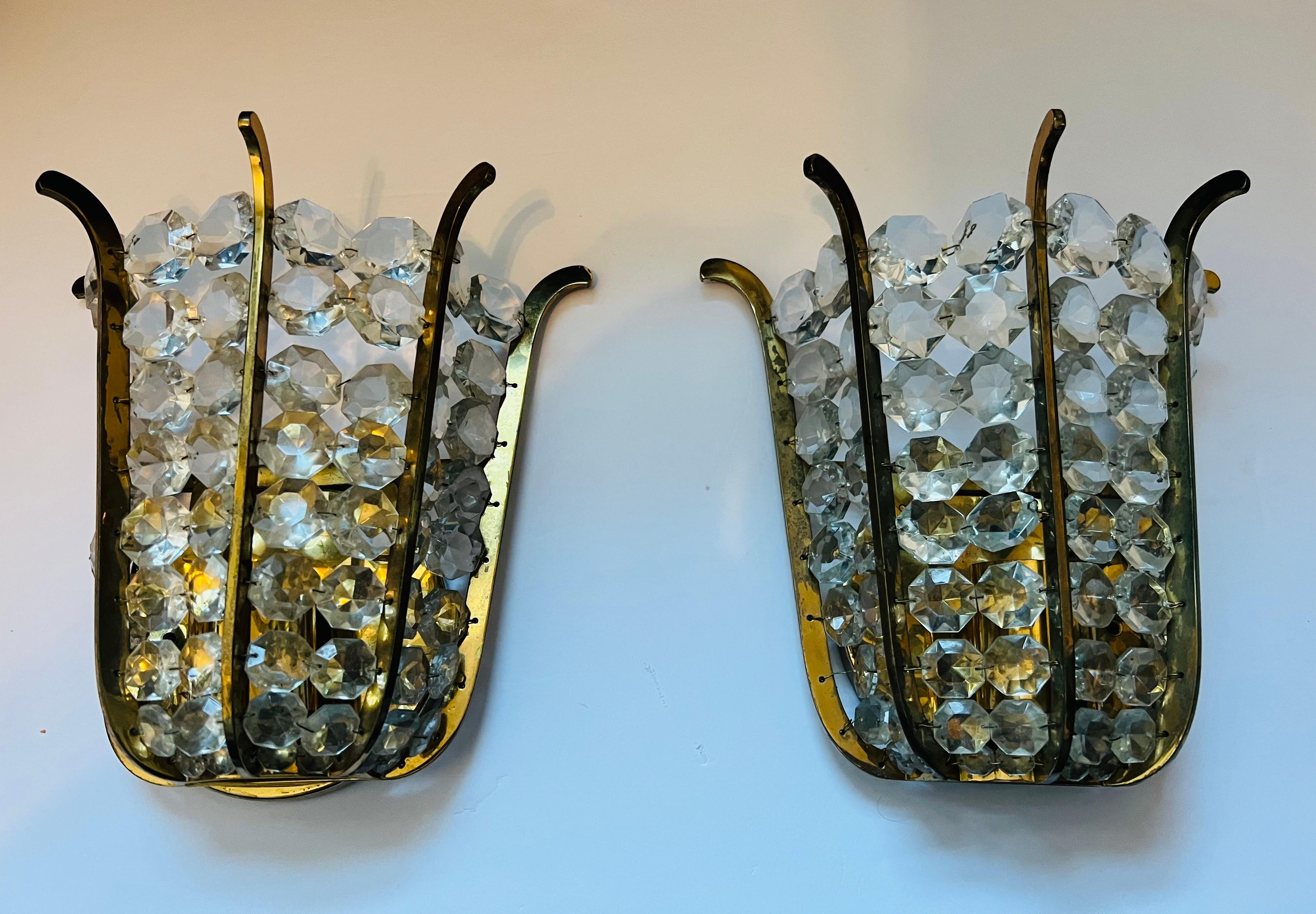 Pair of Austrian Bakalowits Crystal 1950s Wall Lamp Sconces Mid Century For Sale 4