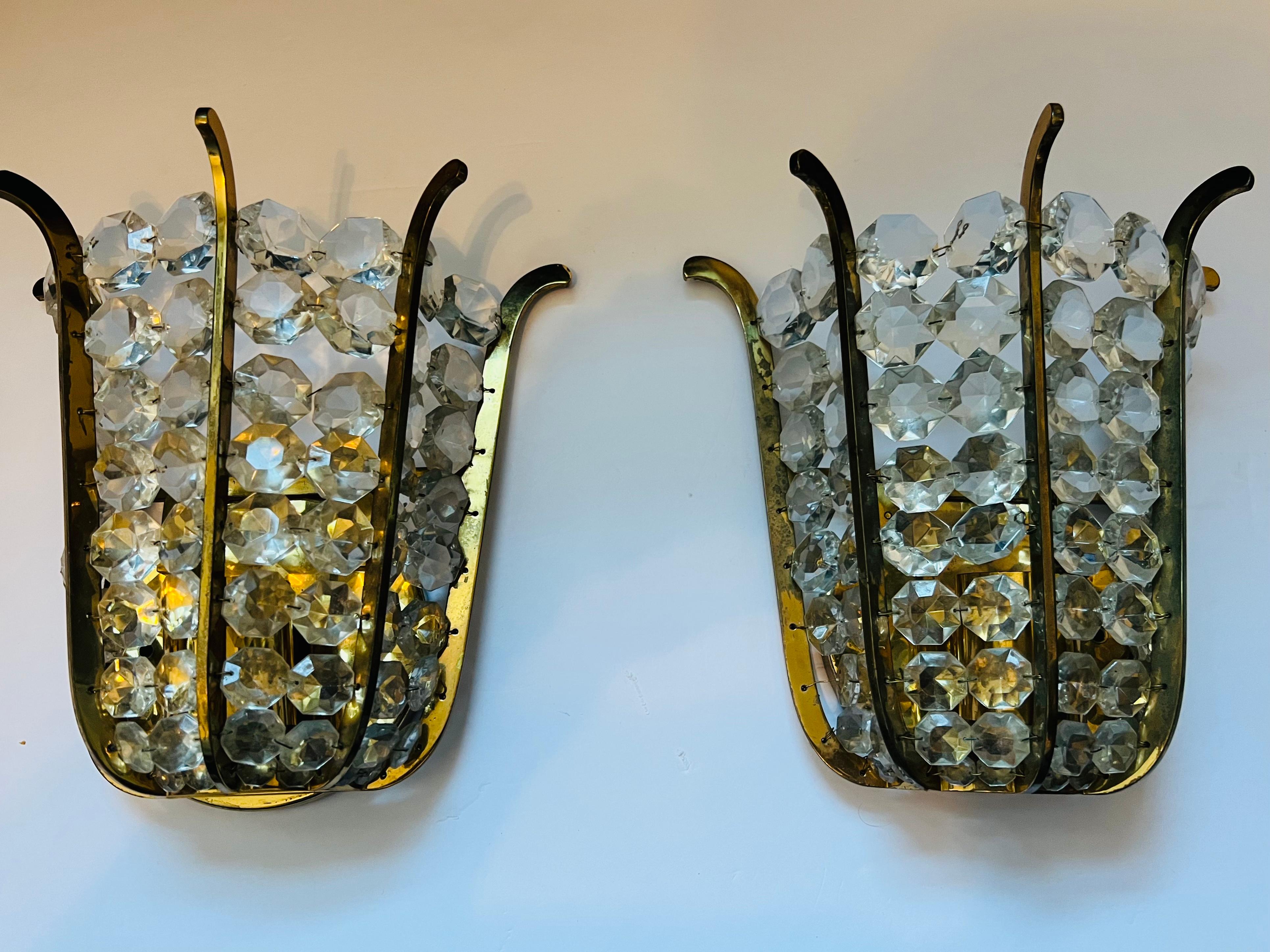 Pair of Austrian Bakalowits Crystal 1950s Wall Lamp Sconces Mid Century For Sale 7