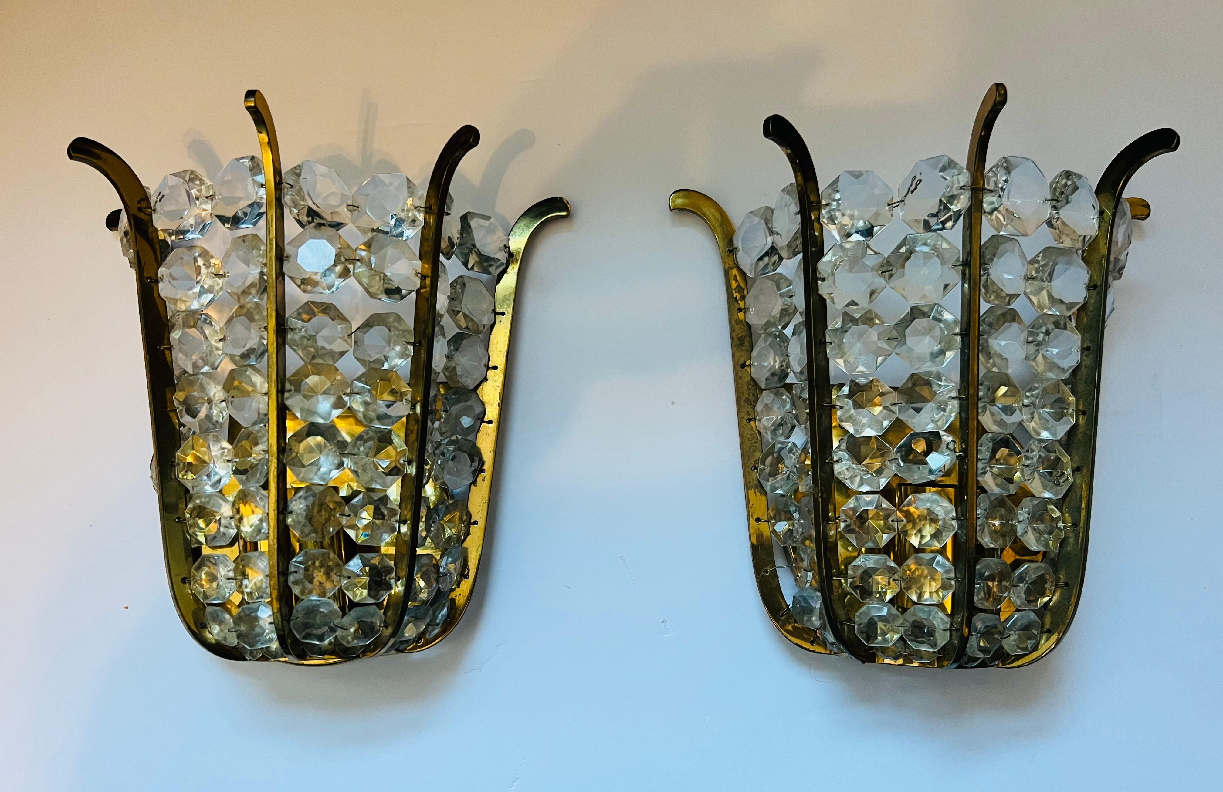 Pair of Austrian Bakalowits Crystal 1950s Wall Lamp Sconces Mid Century In Excellent Condition For Sale In New York, NY