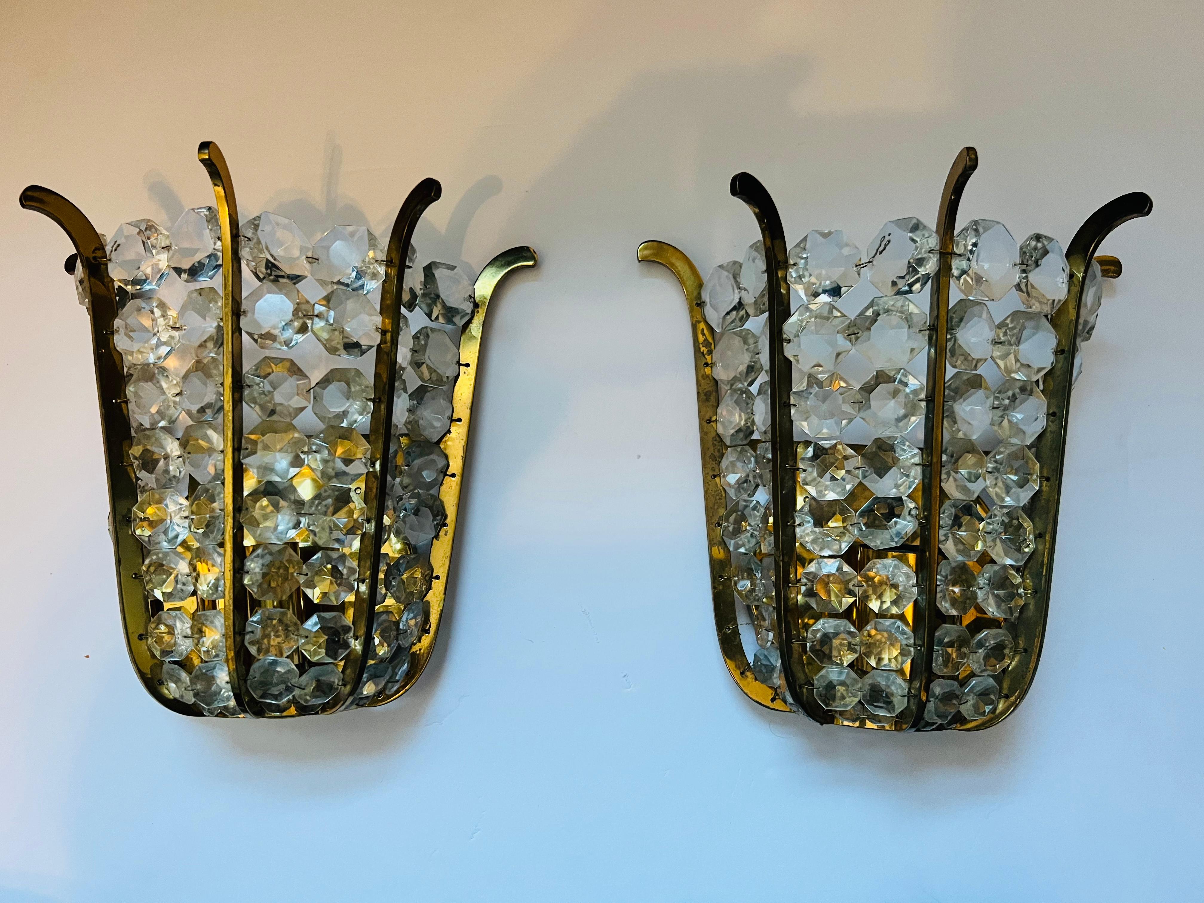 Brass Pair of Austrian Bakalowits Crystal 1950s Wall Lamp Sconces Mid Century For Sale