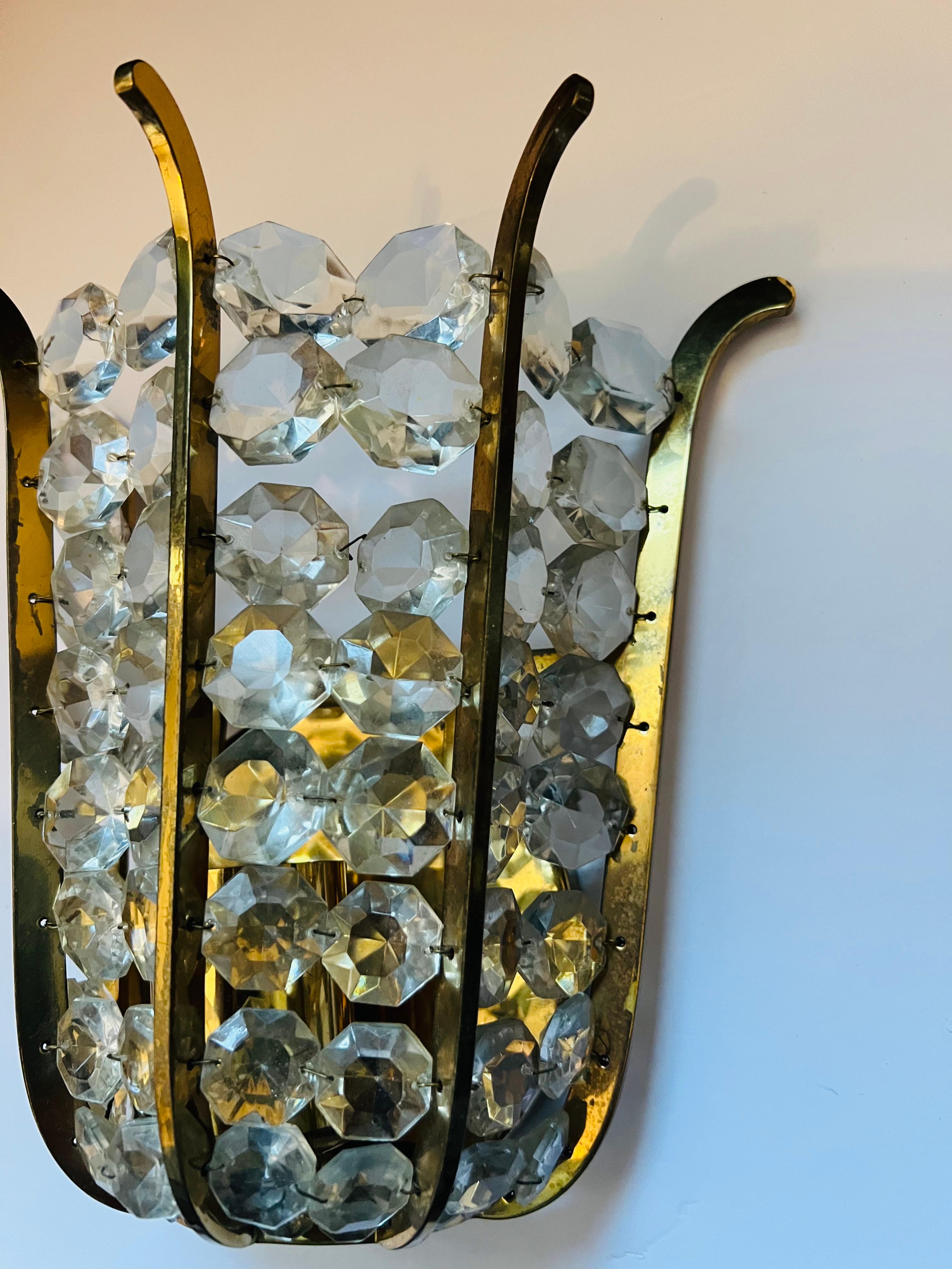 Pair of Austrian Bakalowits Crystal 1950s Wall Lamp Sconces Mid Century For Sale 1