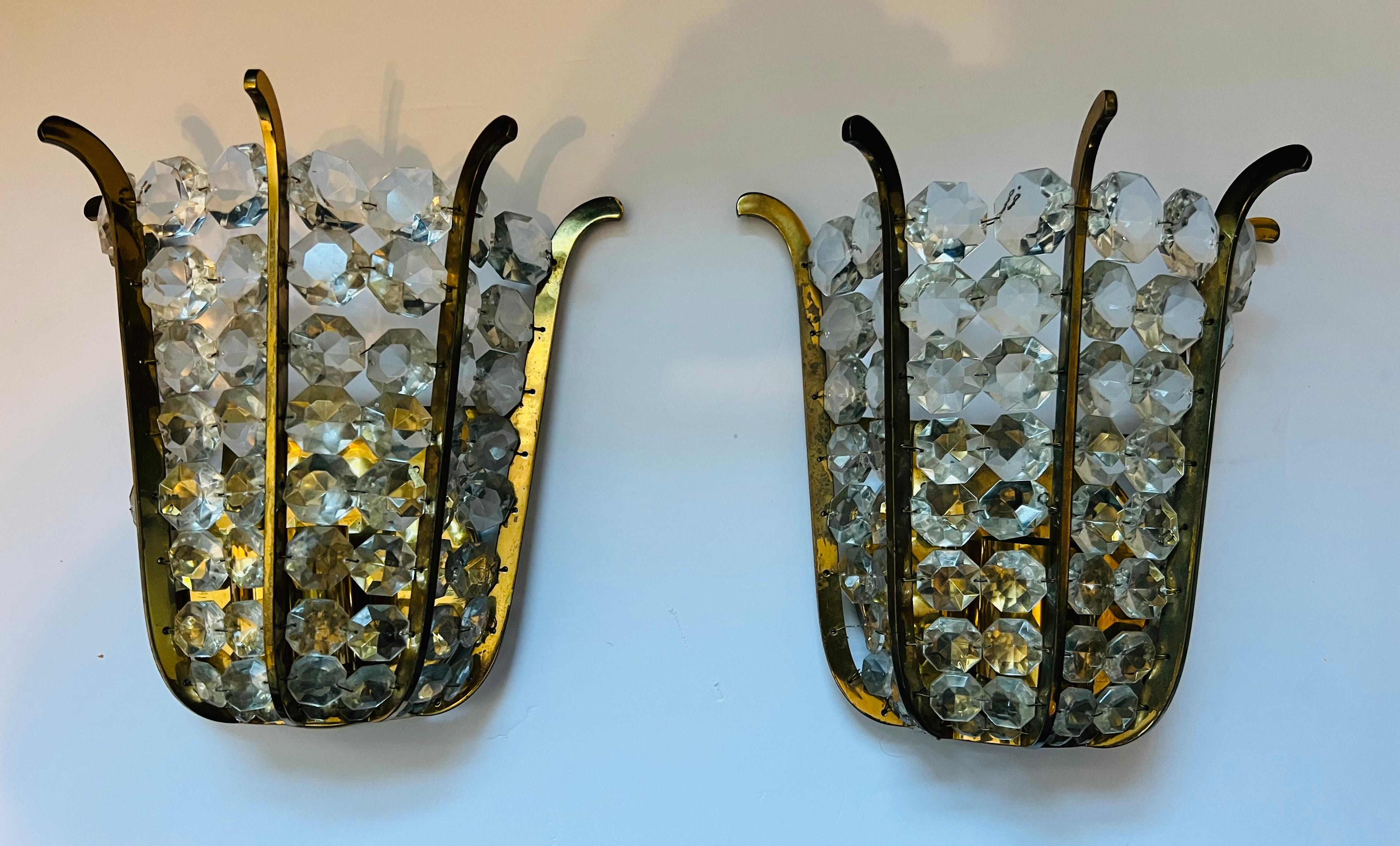 Pair of Austrian Bakalowits Crystal 1950s Wall Lamp Sconces Mid Century For Sale 2
