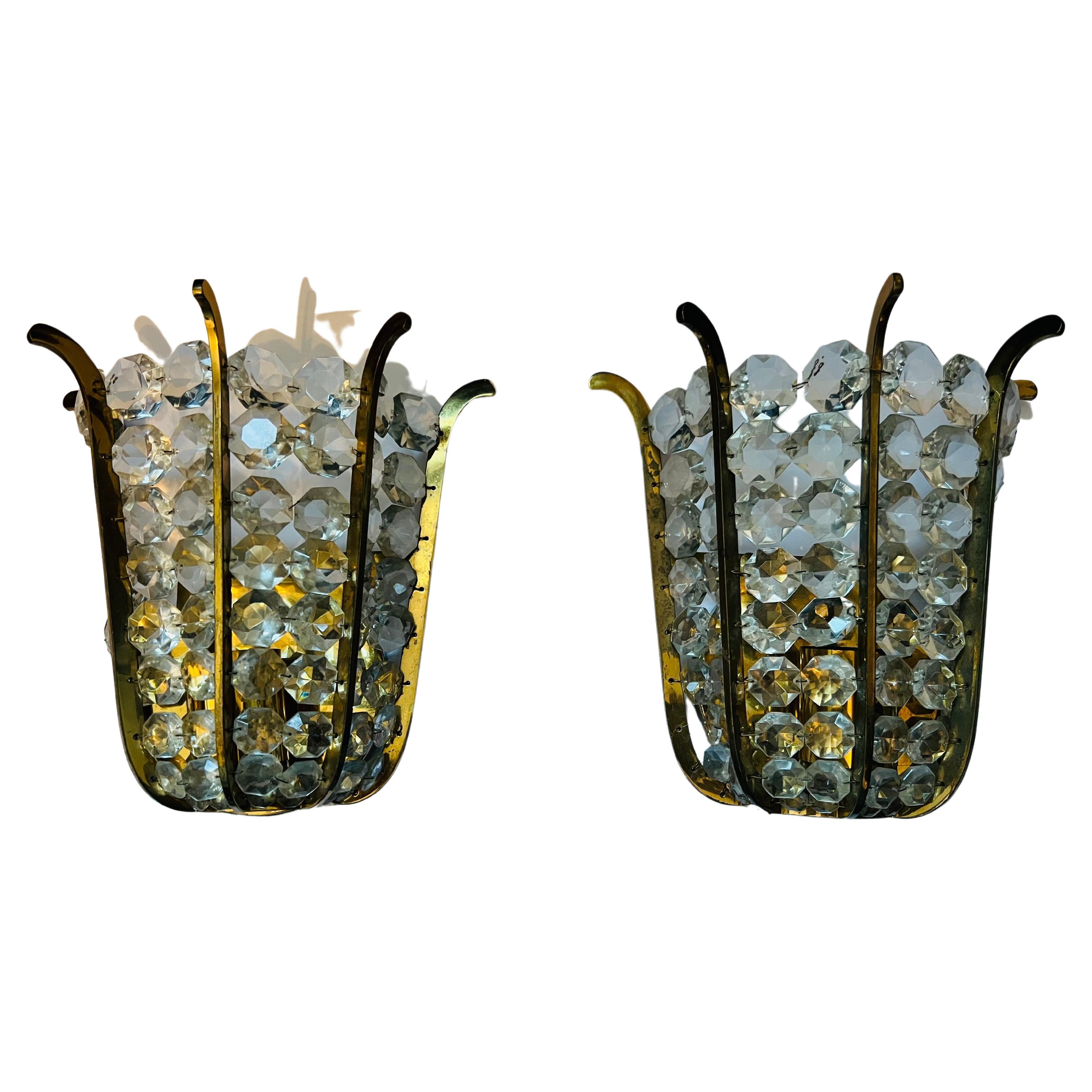 Pair of Austrian Bakalowits Crystal 1950s Wall Lamp Sconces Mid Century For Sale