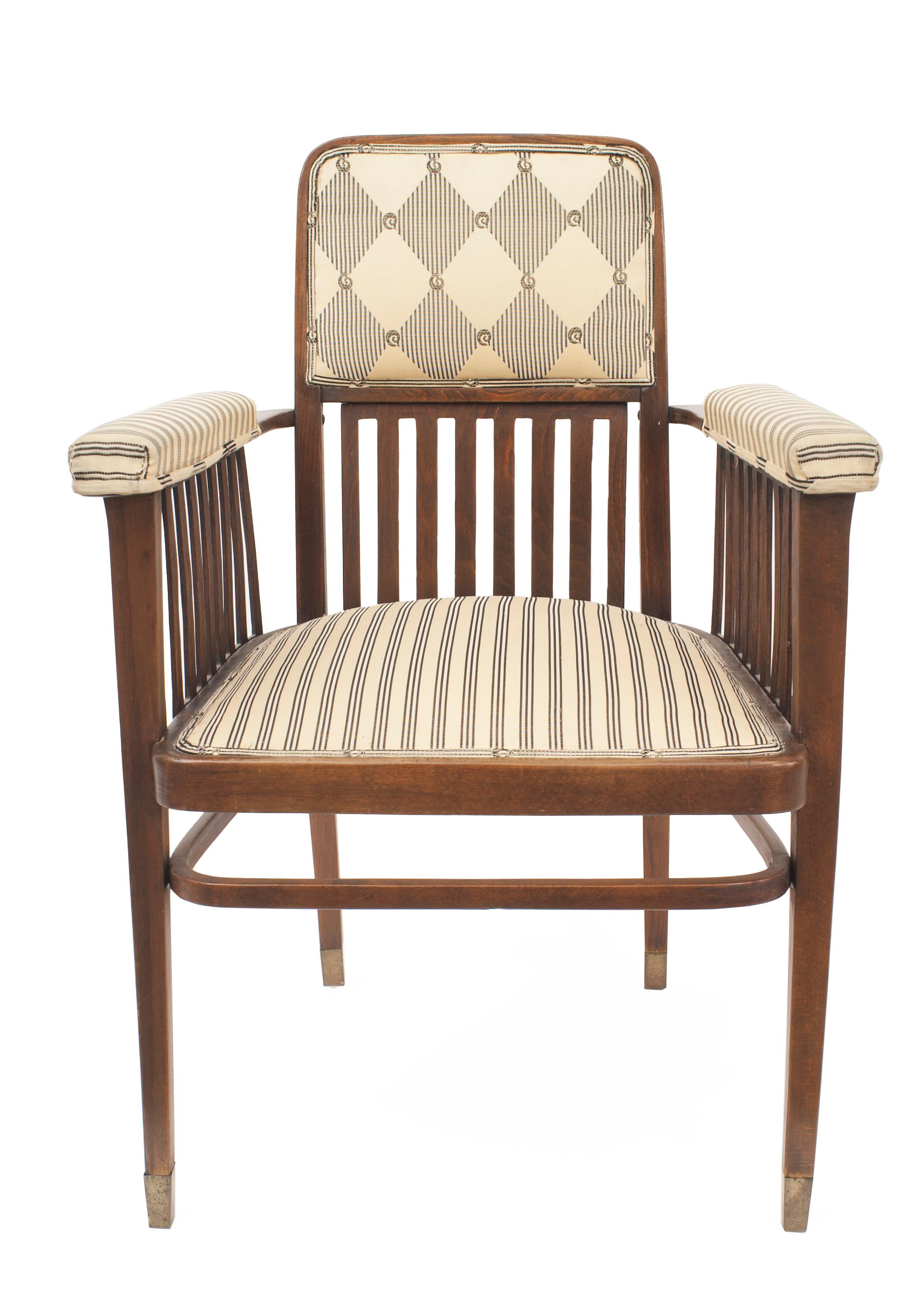 Pair of Austrian Bentwood (Secessionist) beech wood Armchairs with slat design & upholstered seat & back (J&J KOHN paper label under seat) (Matching loveseat: JOH021)
