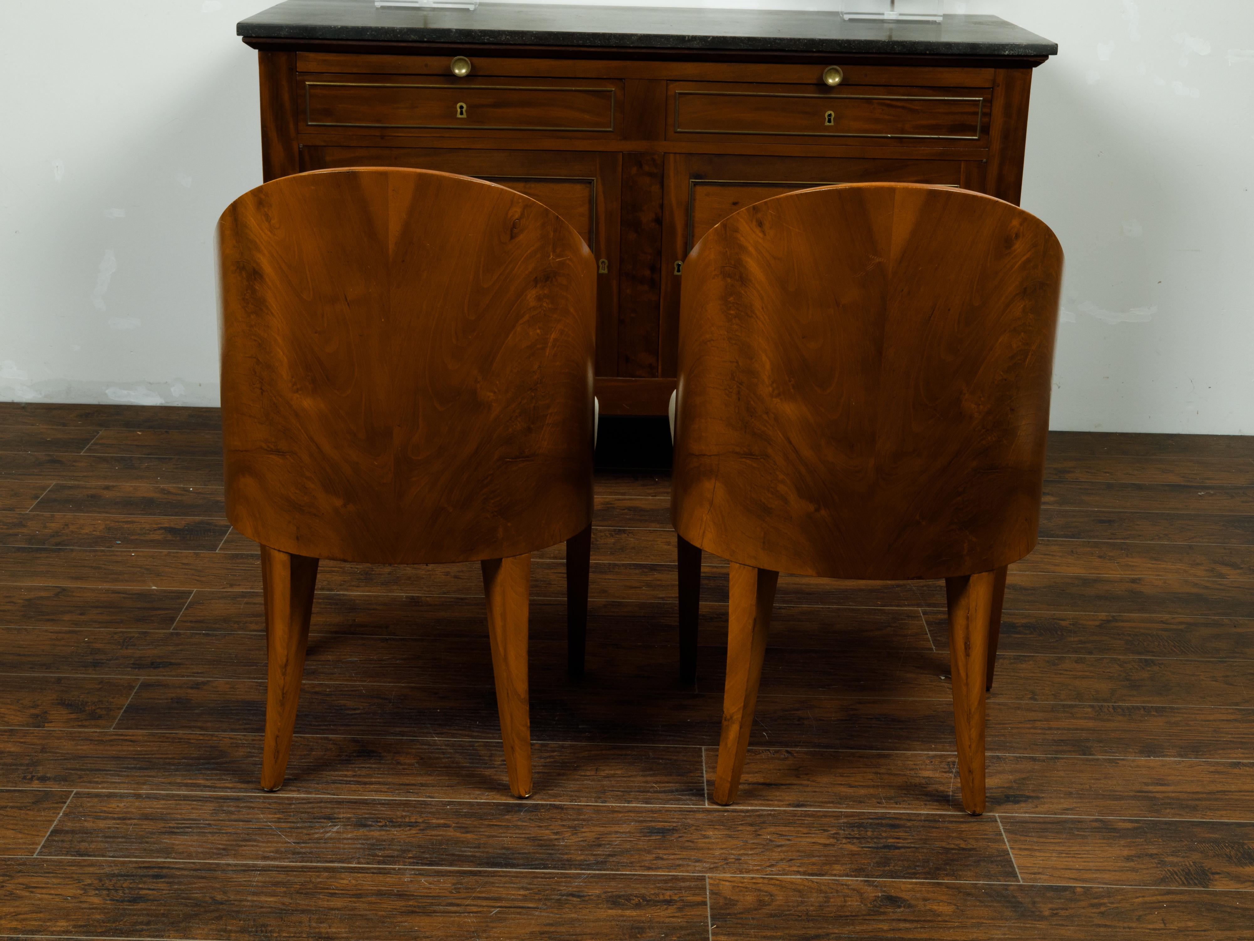 19th Century Pair of Austrian Biedermeier 1840s Walnut Wraparound Back Upholstered Chairs